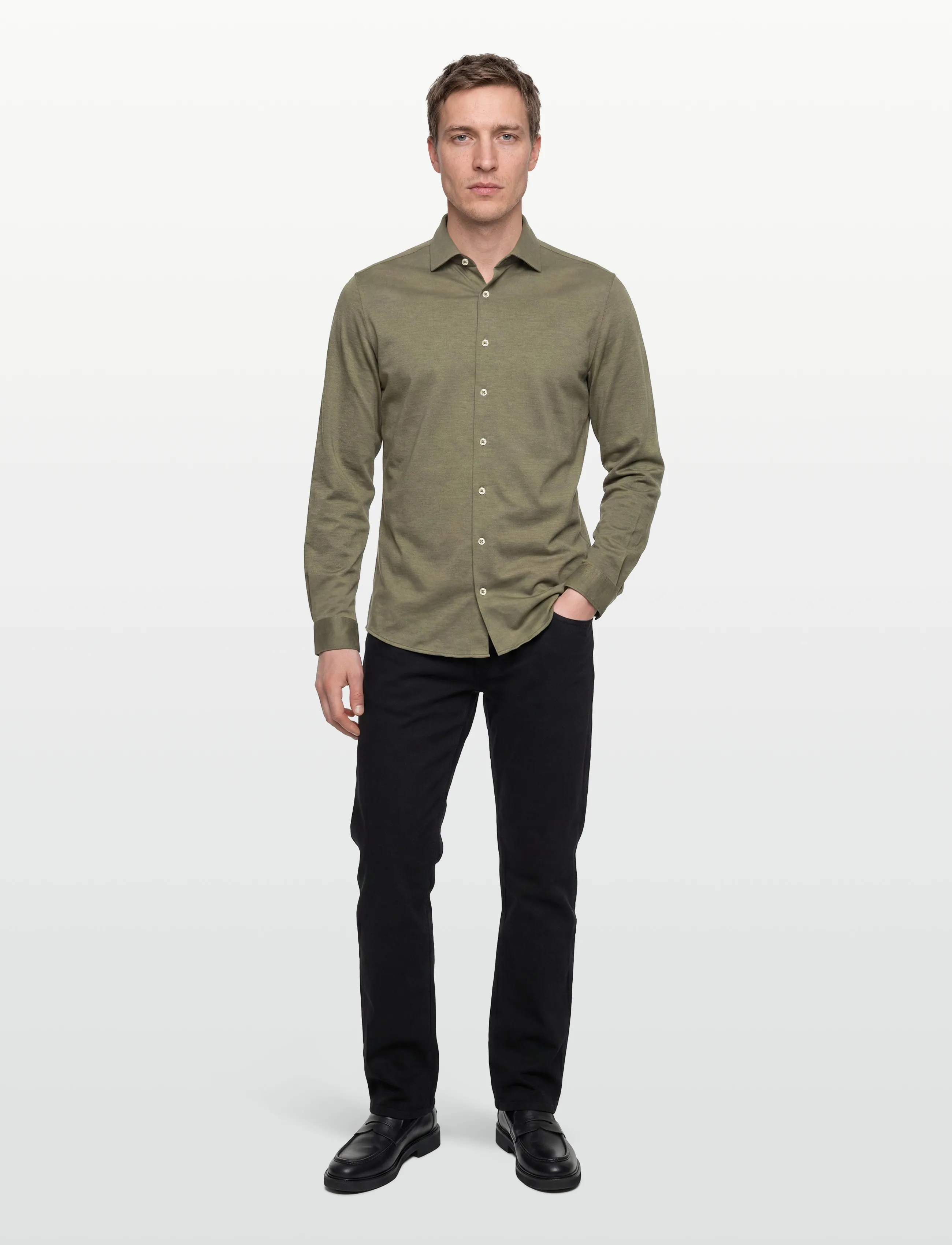 Lindbergh Black Superflex Knitted Shirt L/S, S, Shirts, Khakigrün - Business Männerswear