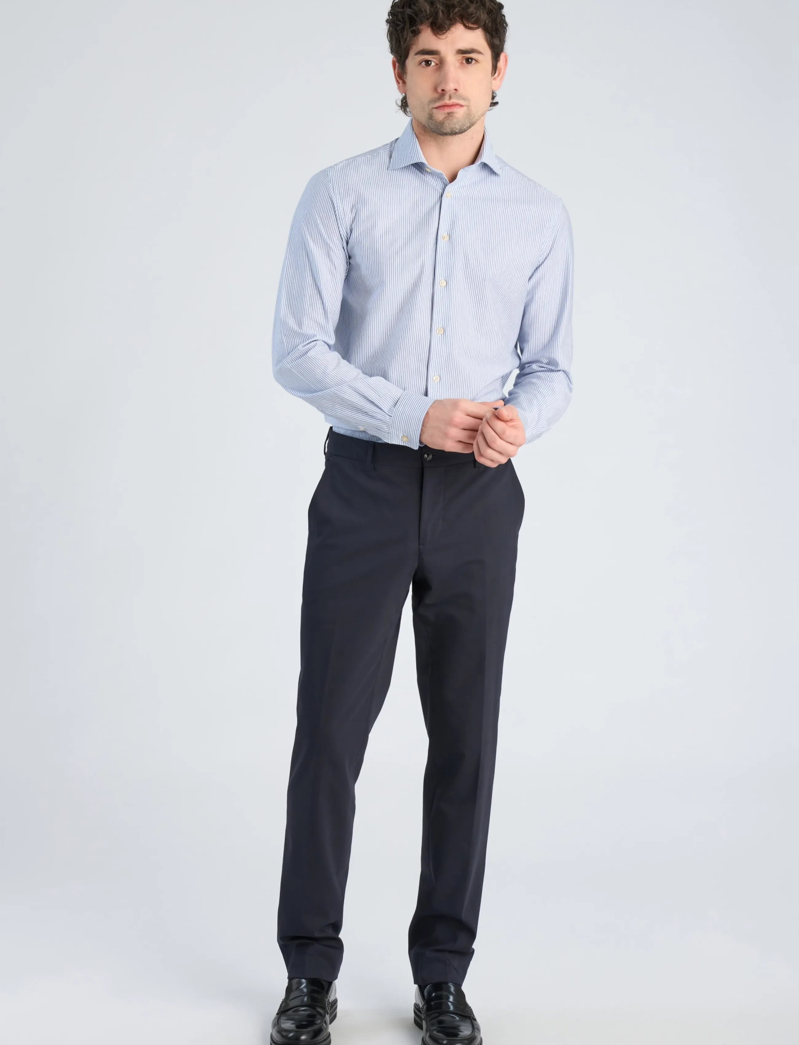 Lindbergh Black Superflex Knitted Stripe Shirt L/S, S, Blue, Shirts > Striped Shirts, Herre