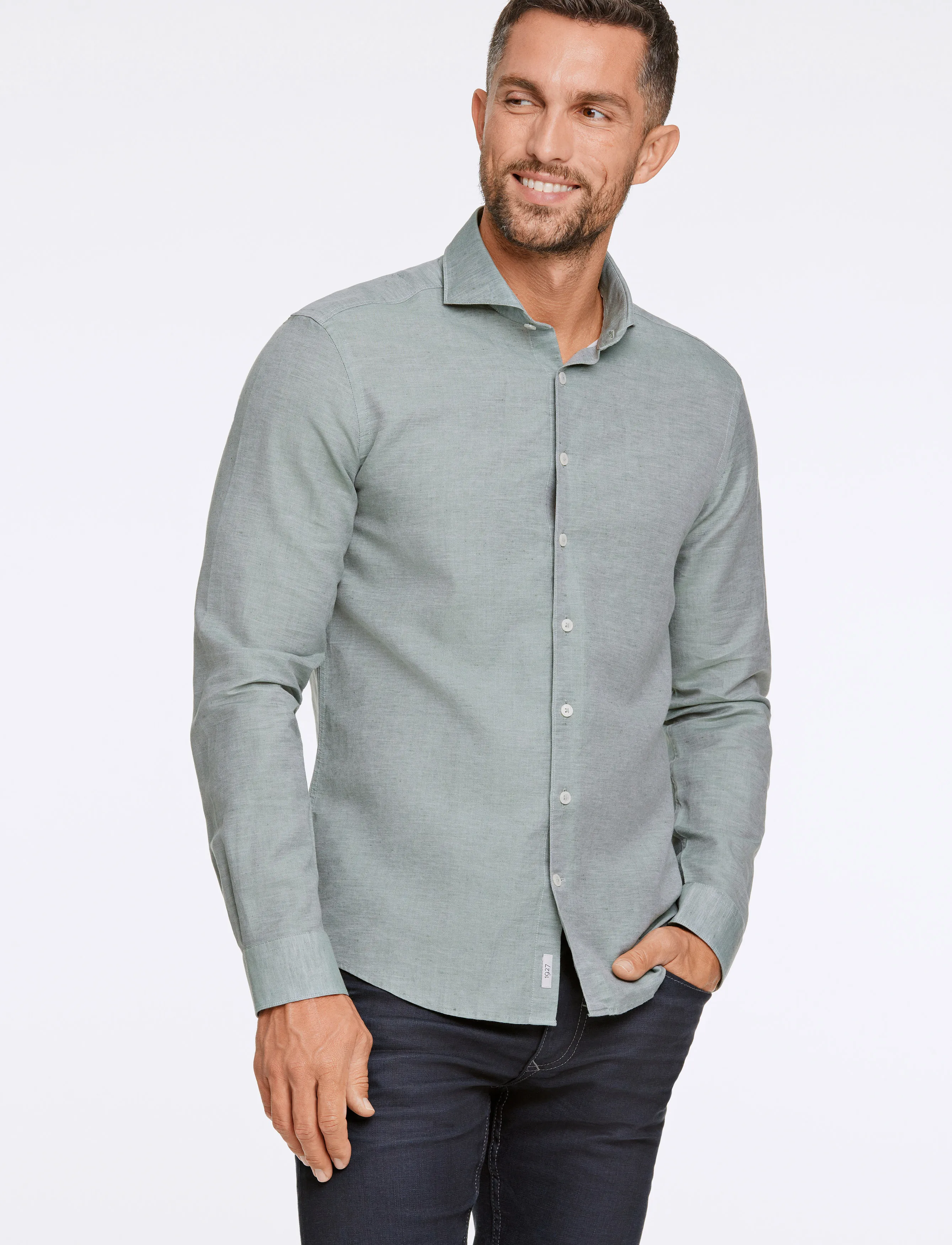 Lindbergh Black 1927: Cotton/lin shirt WF L/S - Tøj - GREEN MEL / green