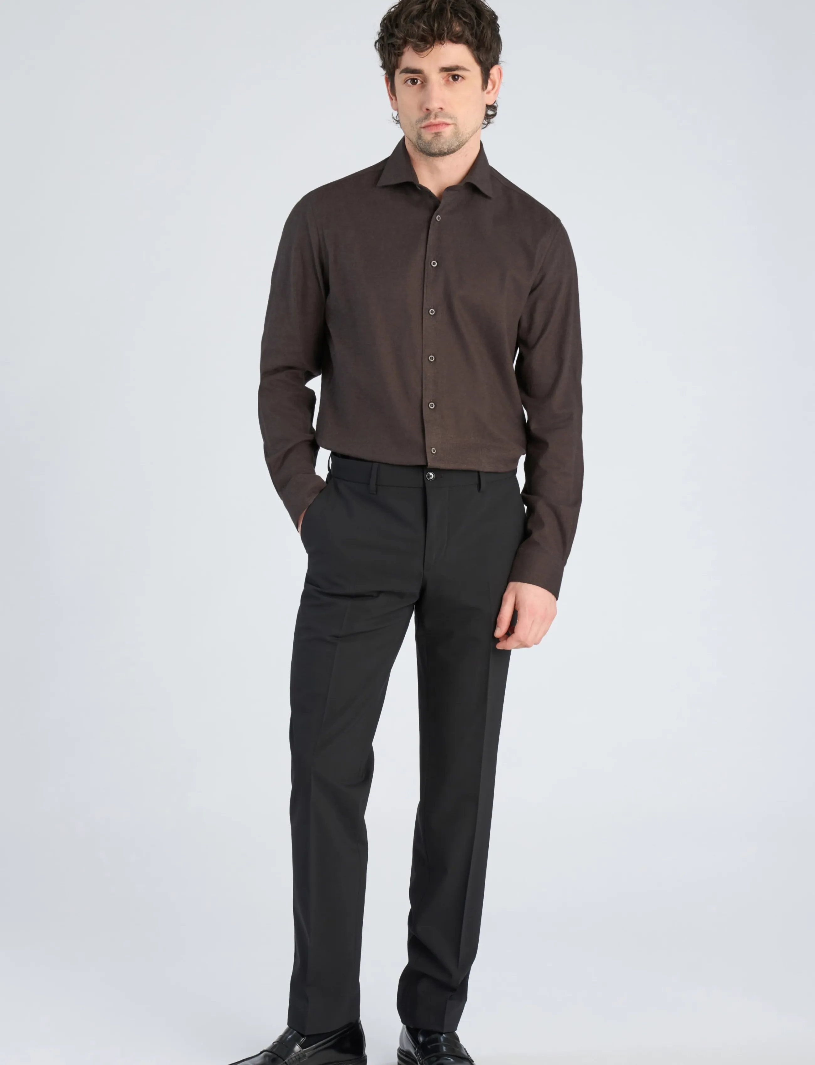 Lindbergh Black 1927: Cashmere touch soft collar shirt WF L/S - Hemden - DK BROWN MEL / brown