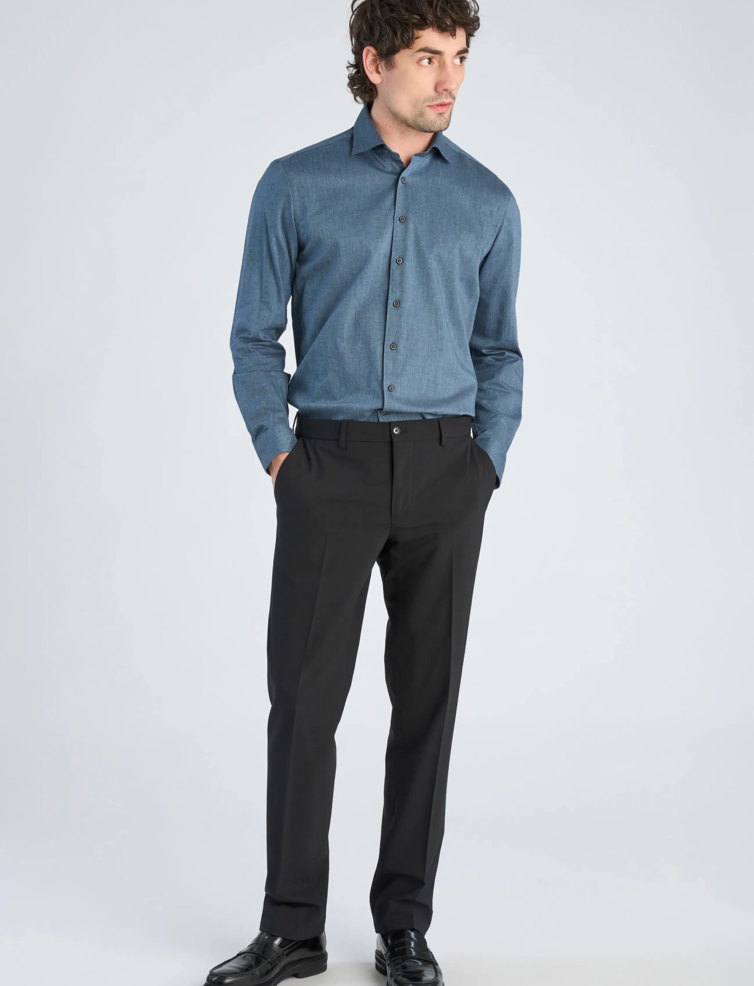 Lindbergh Black 1927: Cashmere touch soft collar shirt WF L/S - Kleidung - MID BLUE MEL / blue