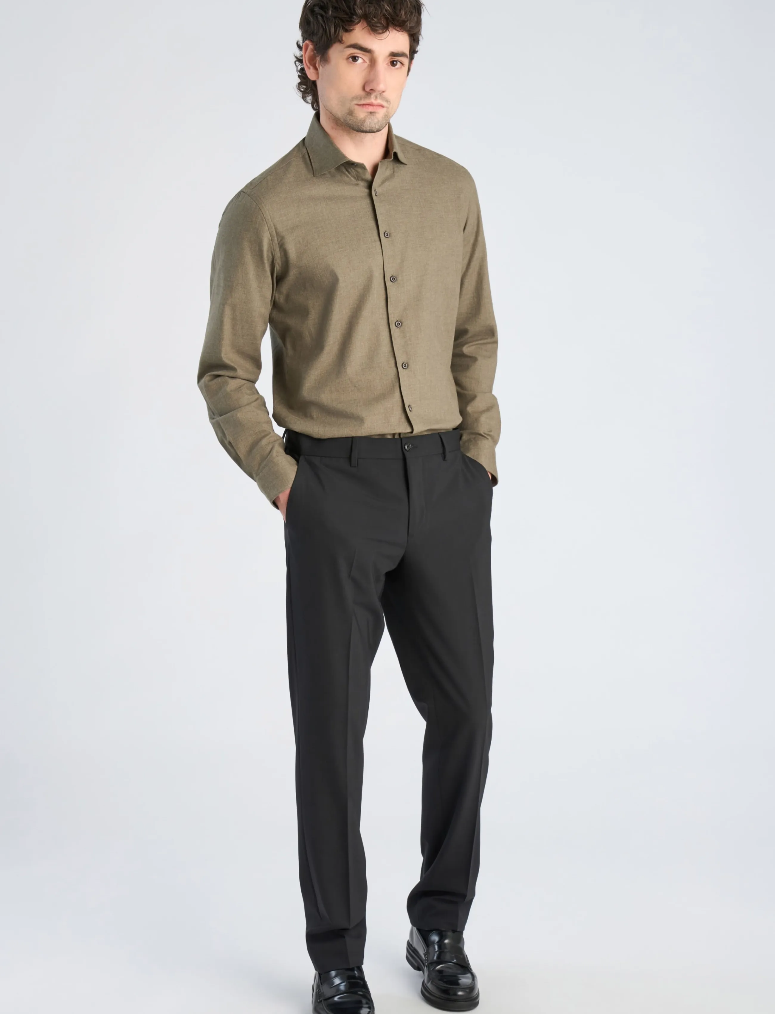 Lindbergh Black 1927: Cashmere touch soft collar shirt WF L/S - Kleidung - OLIVE MEL / khaki/green