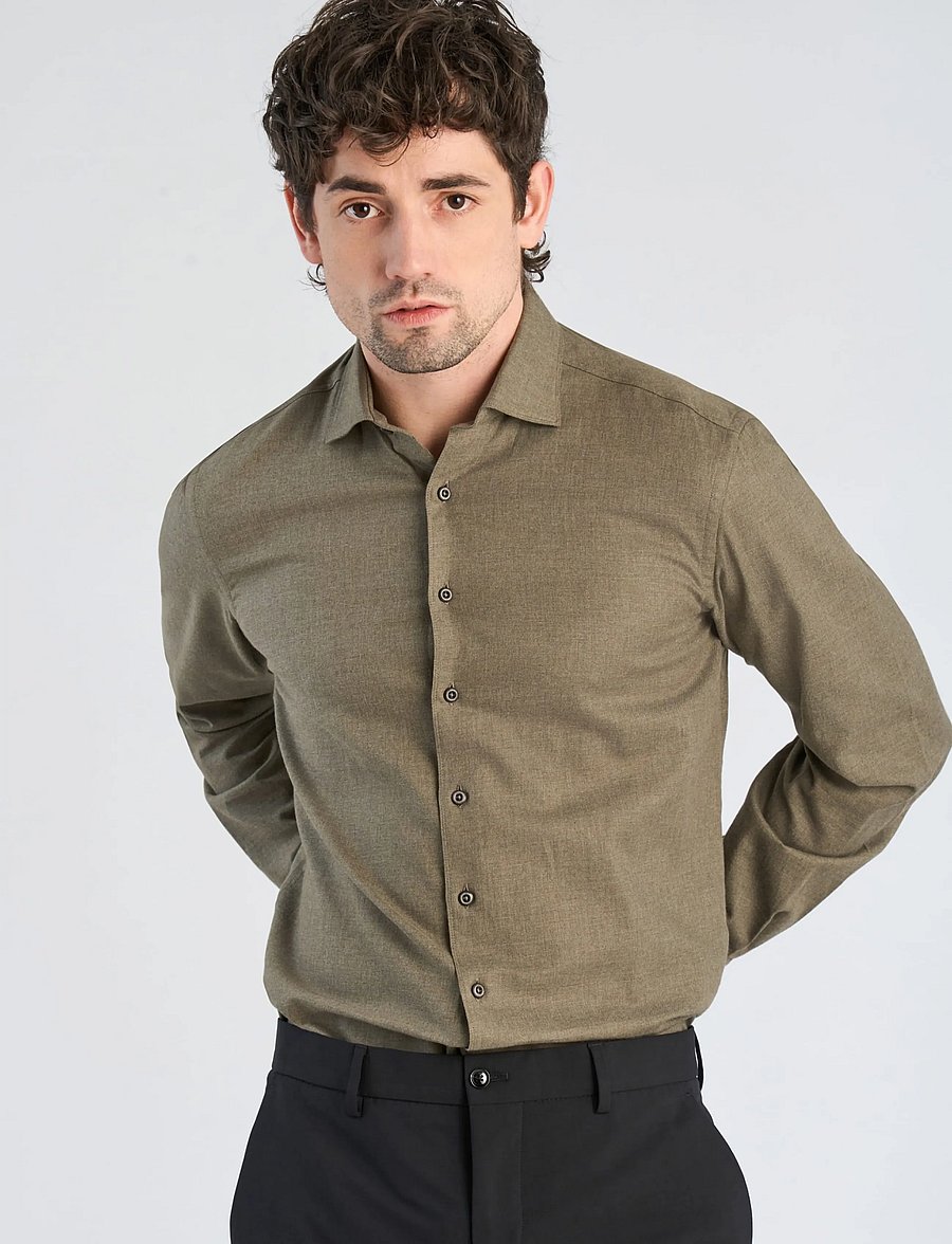Lindbergh Black - 1927: Cashmere touch soft collar shirt WF L/S - kostymskjortor - olive mel - 3
