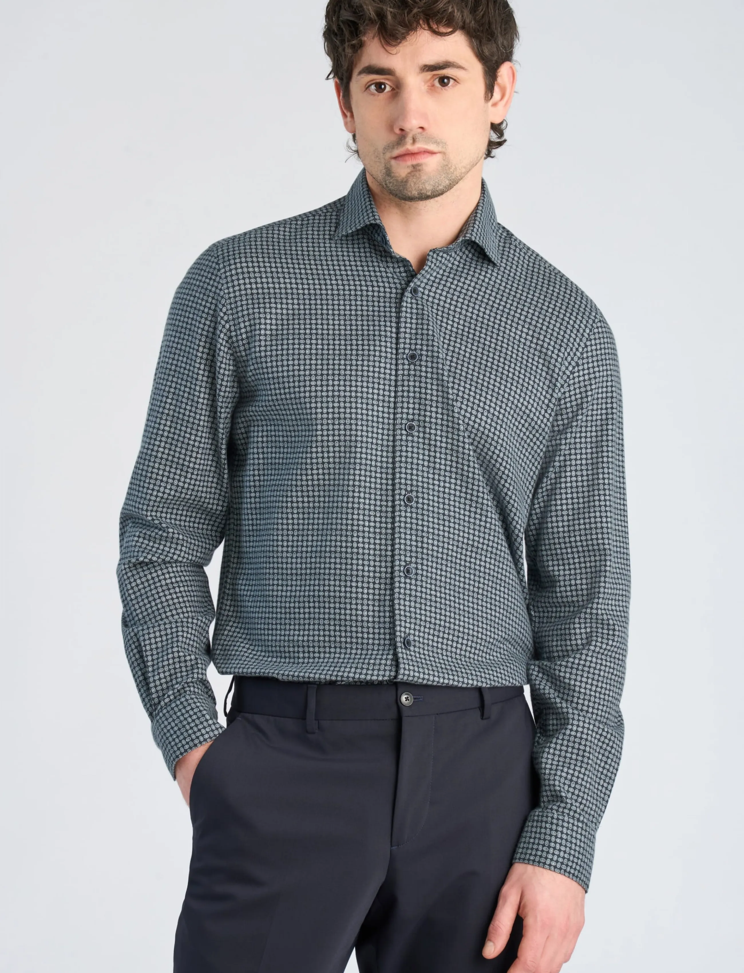 Lindbergh Black - 1927: Cashmere touch twilll AOP shirt WF L/S - kostymskjortor - navy - 3