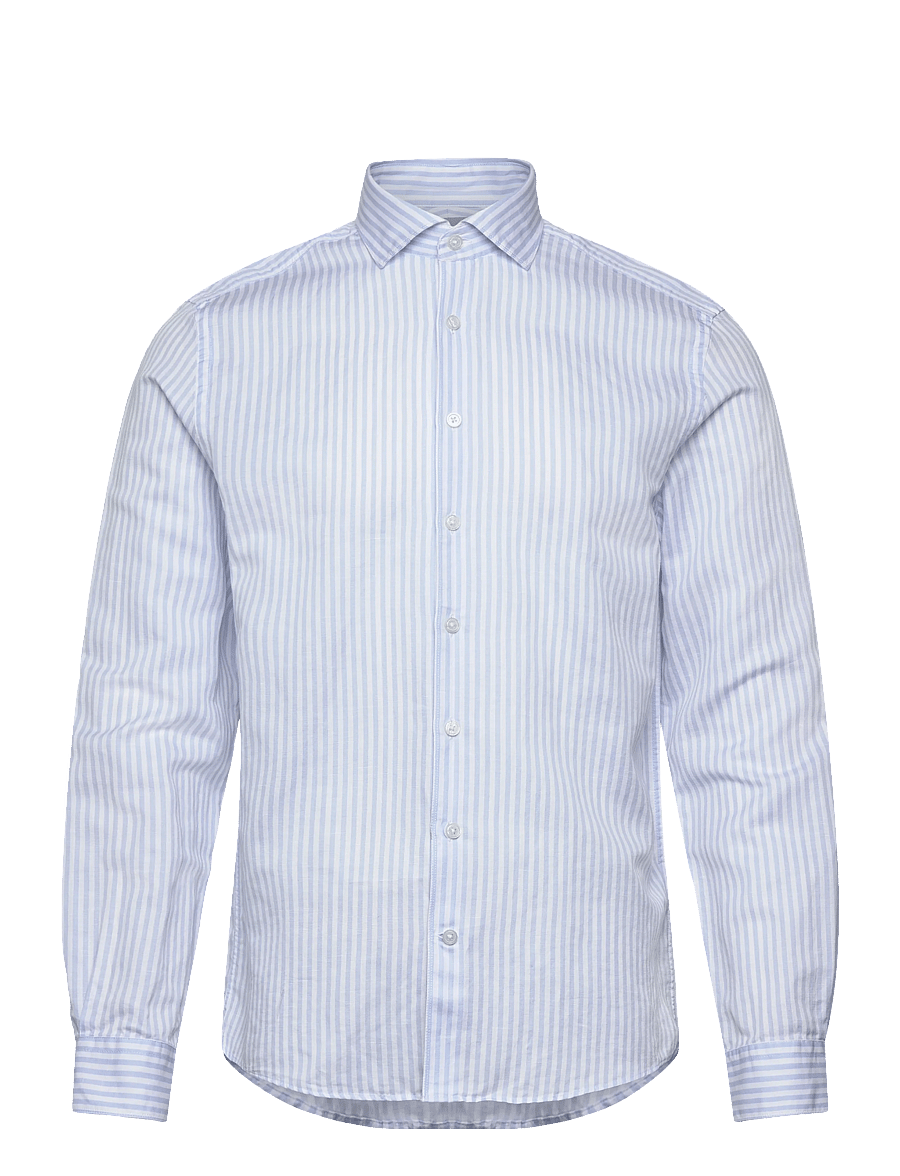 Lindbergh Black - 1927: Cotton/linen soft collar str - randiga skjortor - lt blue - 1