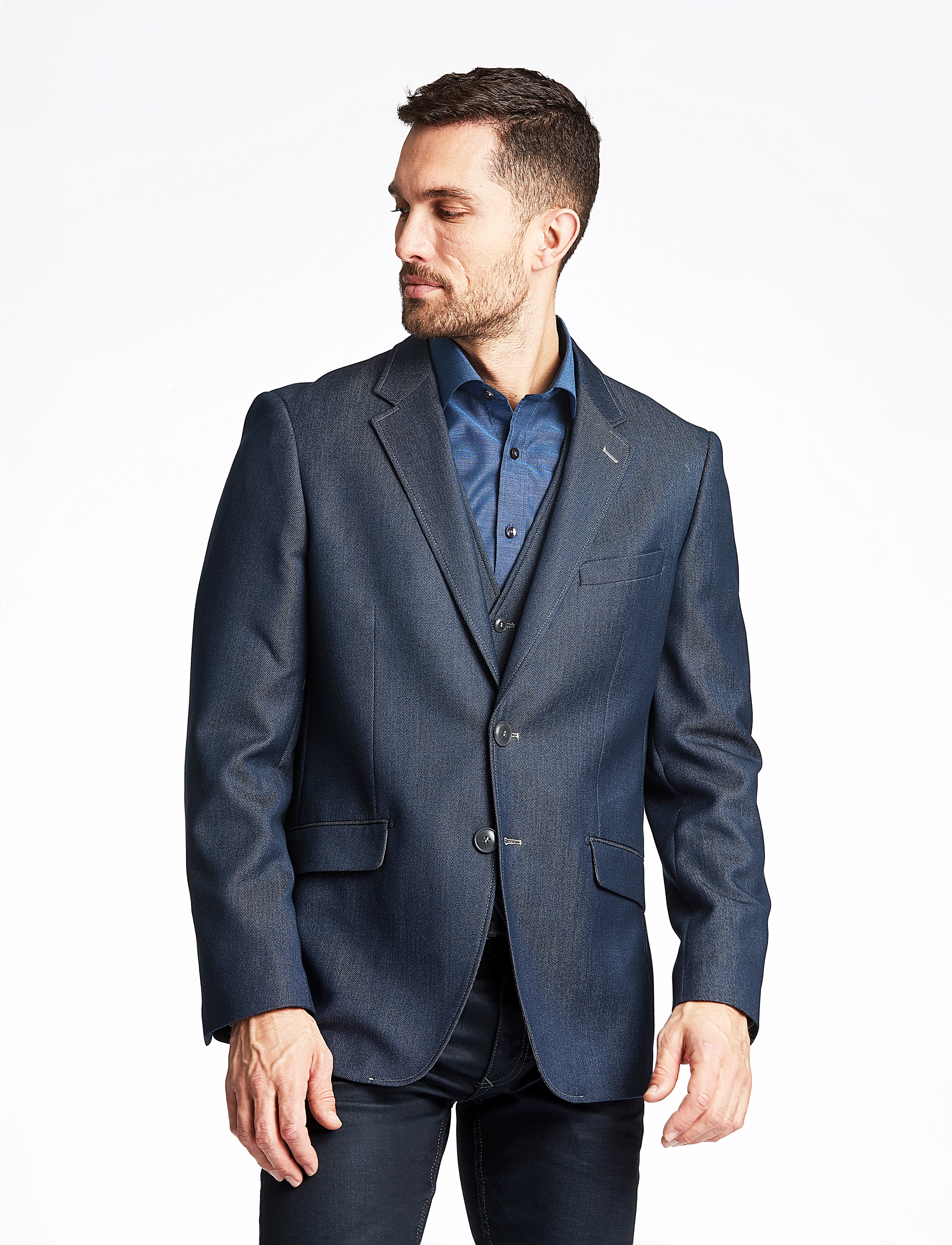 Lindbergh Black Denim Look Stretch Blazer, 48, Marineblau - Double Breasted Männerswear