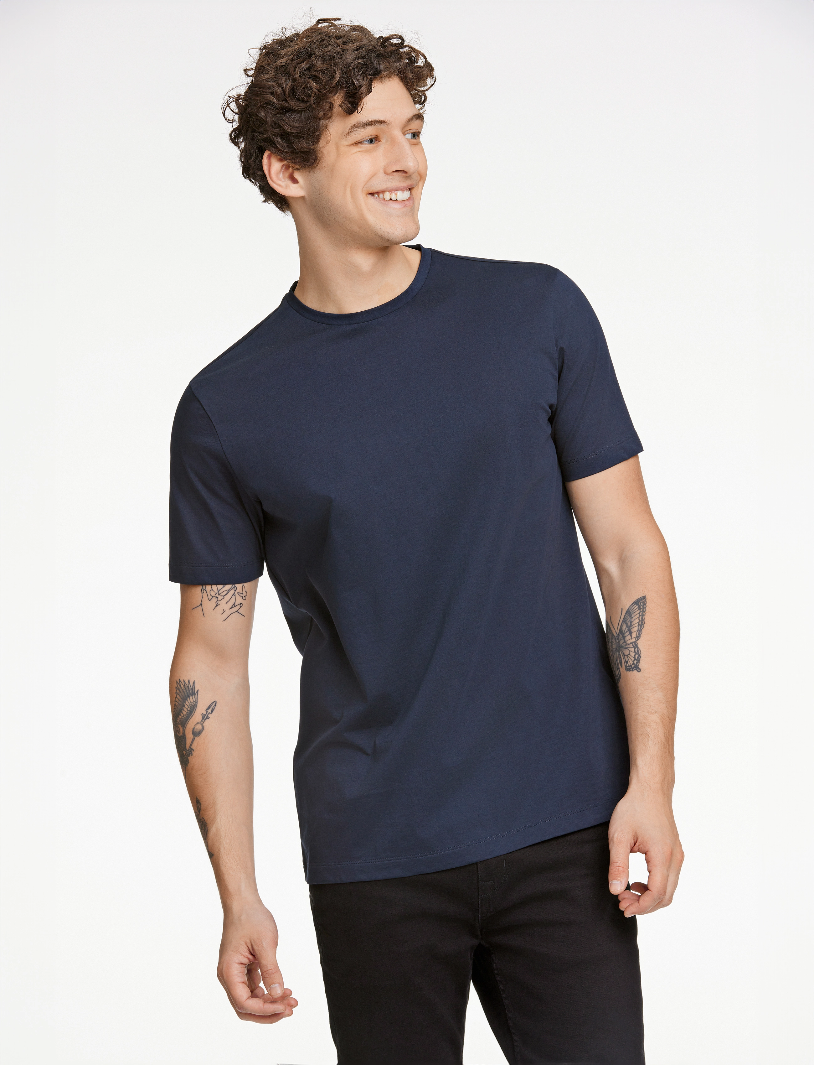 Lindbergh Black Mercerized Cotton Tee S/S, L, T-shirts, Marineblau - Short-sleeved, Männerswear