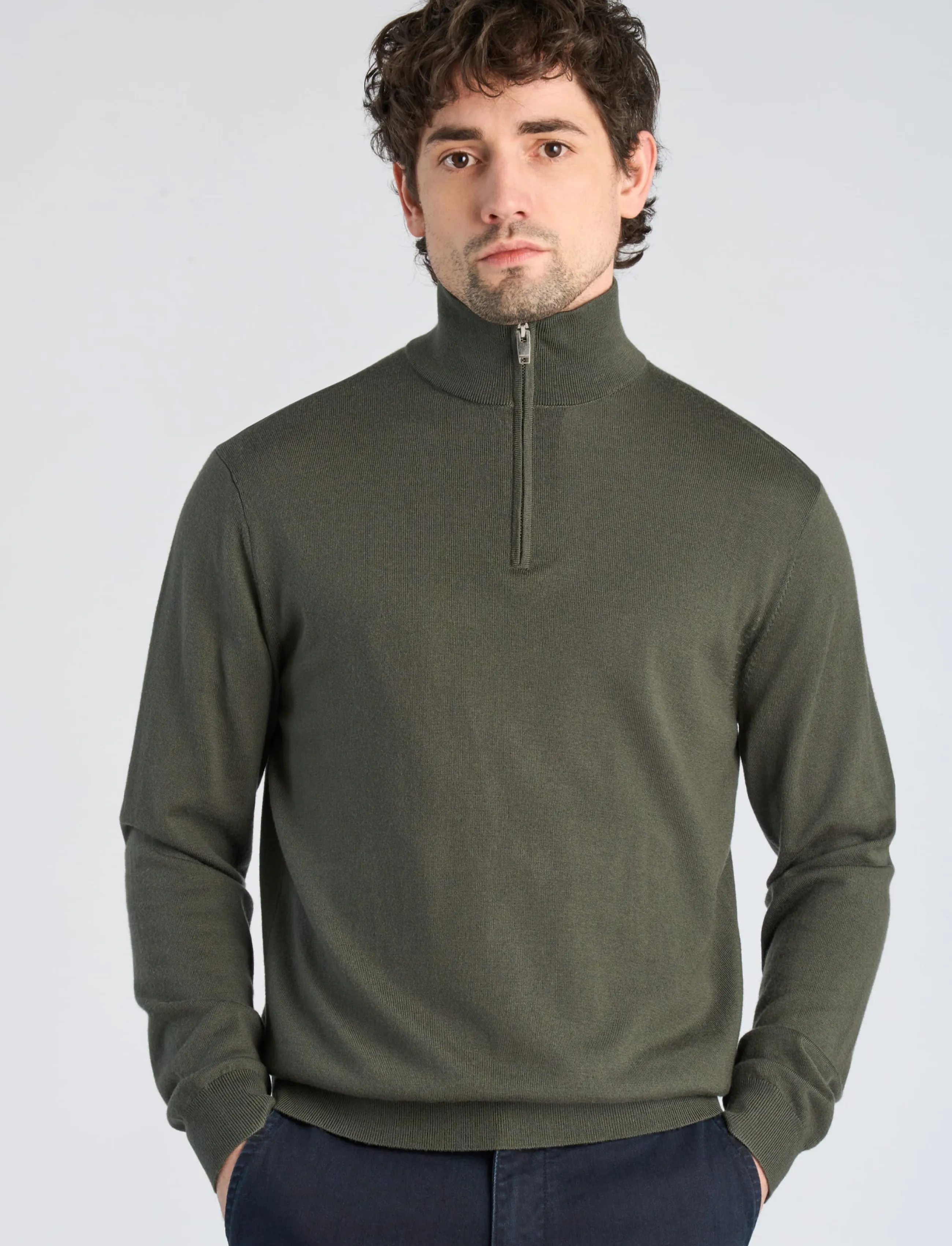 Lindbergh Black - 100% merino half zip knit - pullover mit halbem reißverschluss - dusty army - 3