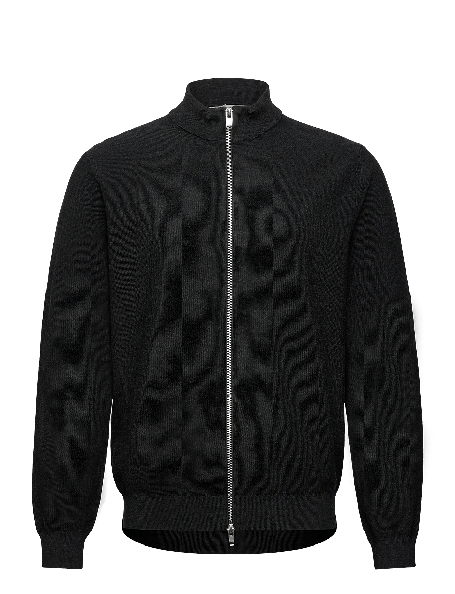 Lindbergh Black - 100% merino zip through knit - black mel - 1