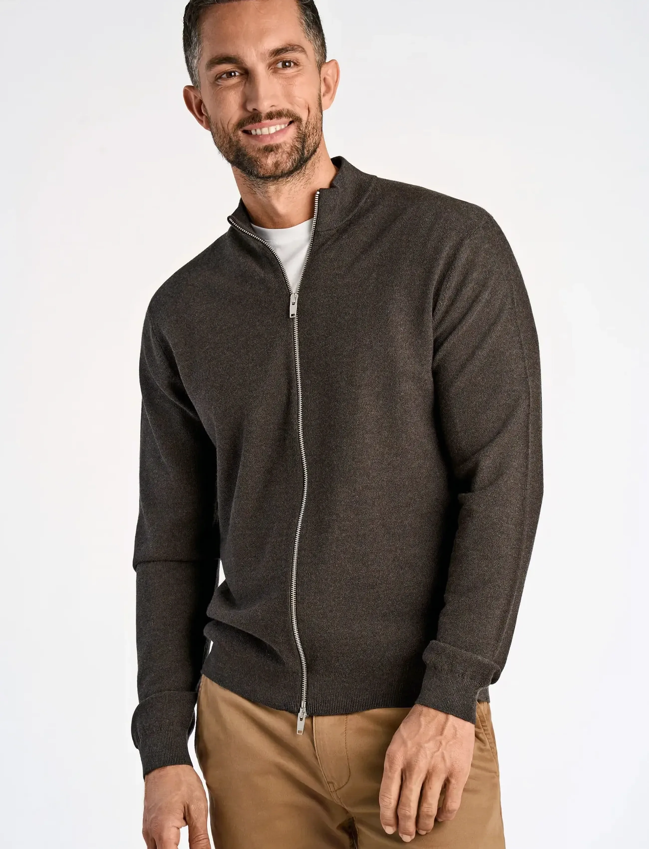 Lindbergh Black - 100% merino zip through knit - dk brown mel - 5