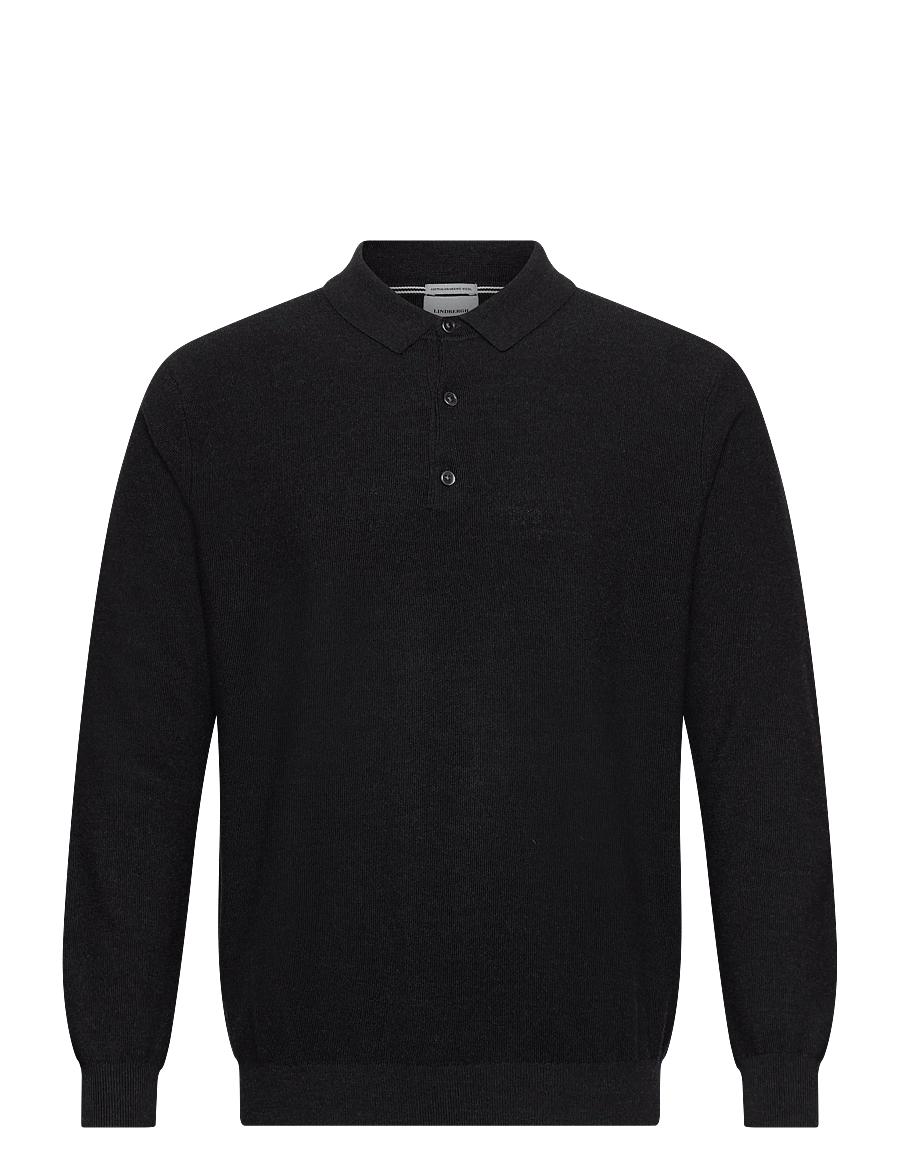 Lindbergh Black - 100% merino polo knit - poloer i strik med lange ærmer - black mel - 0
