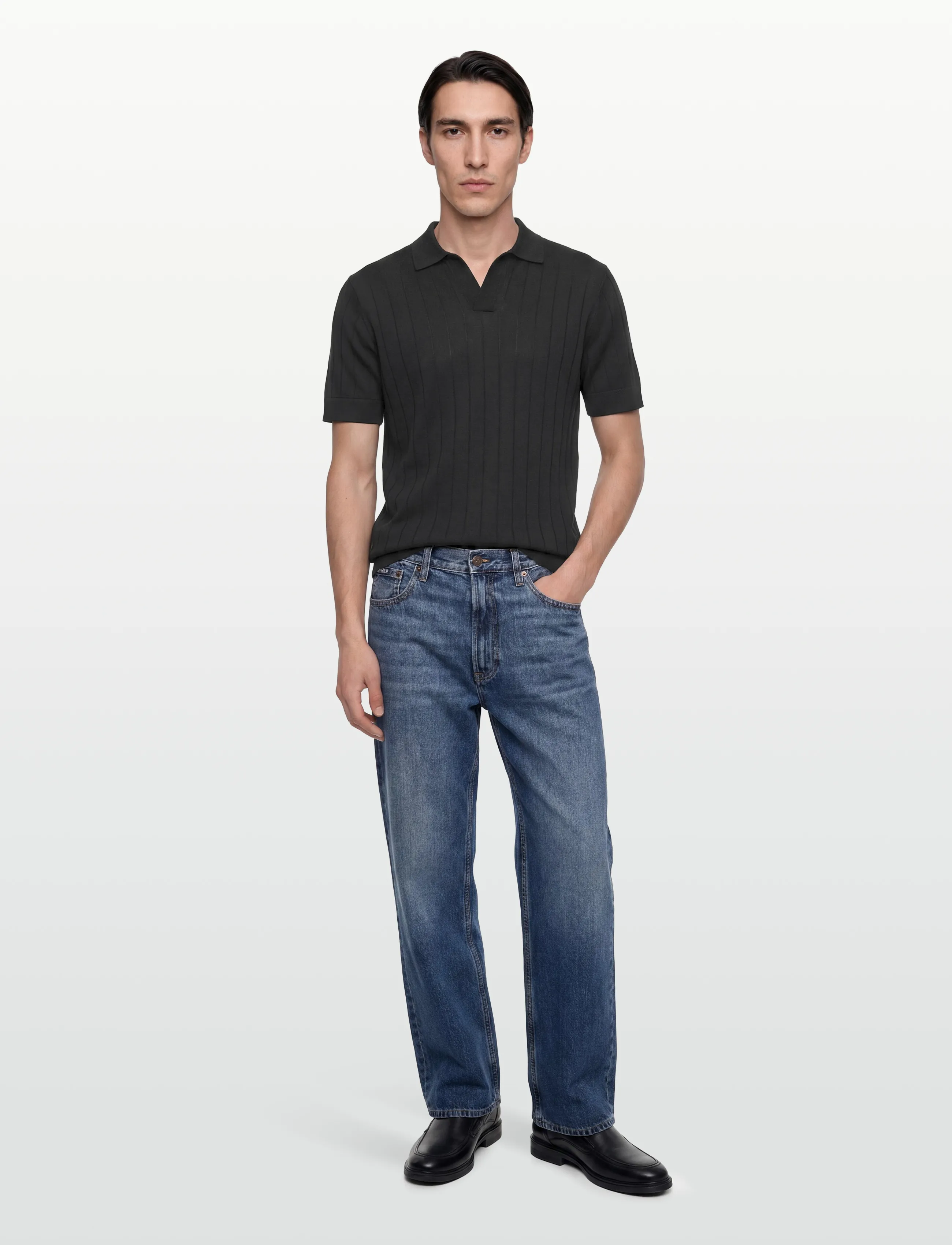 Lindbergh Black Open Collar Knitted Polo S/S, XL, Navy, T-Shirts > Kortærmede, Herre
