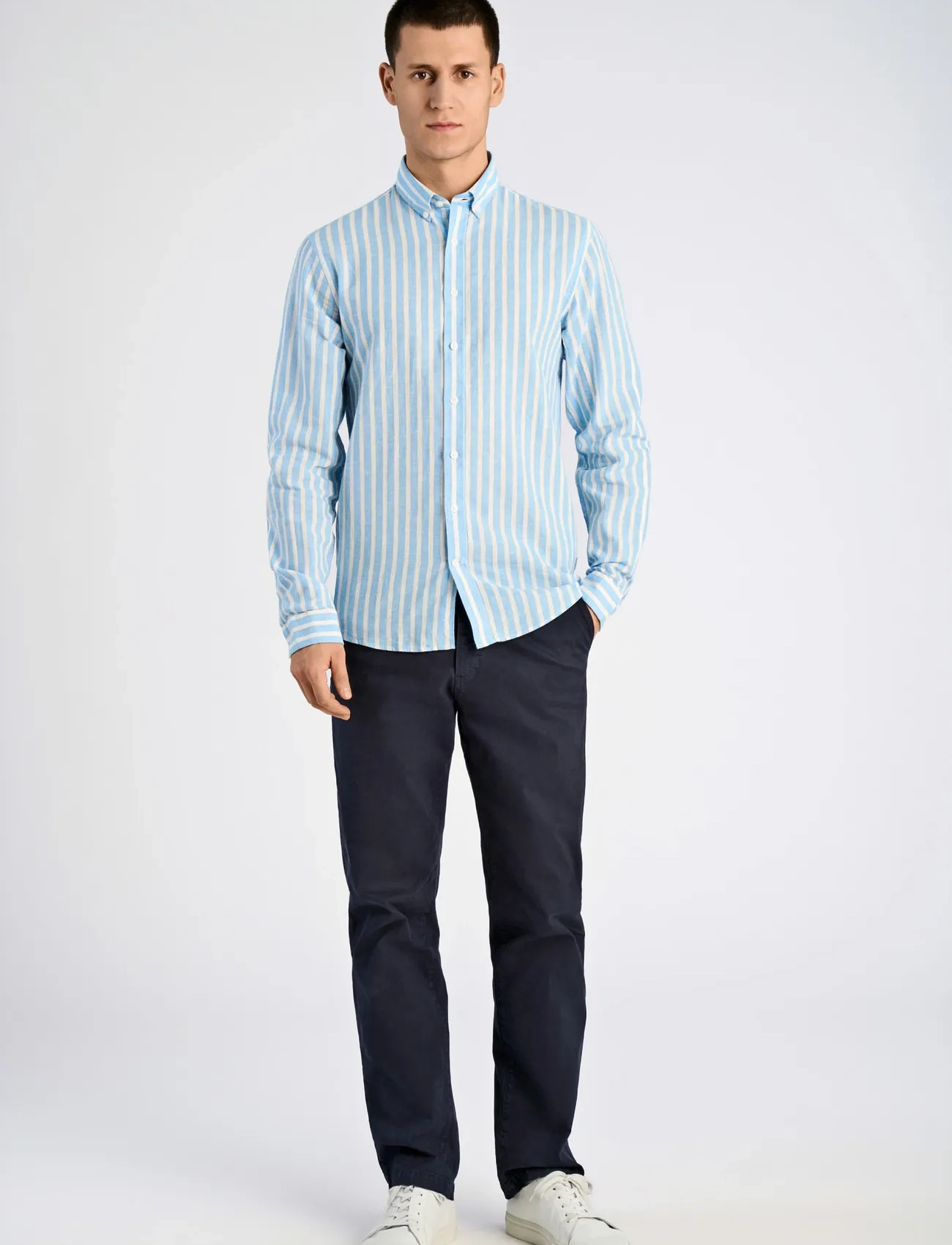 Lindbergh Wide Striped Cotton/Linen Shirt L/S - Navy - S 2
