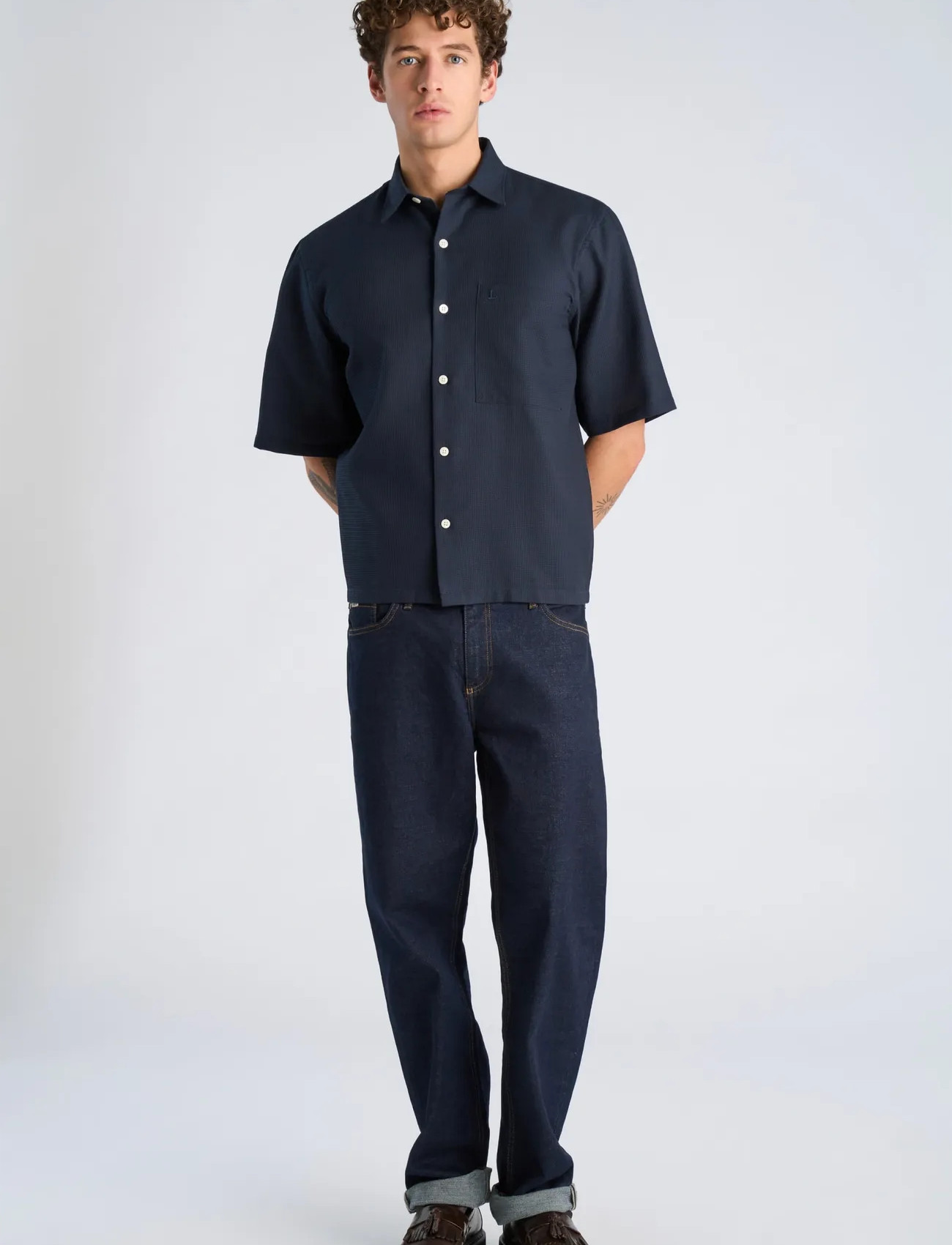 Lindbergh Solid Dobby Cotton Shirt S/S - Beige - S 2