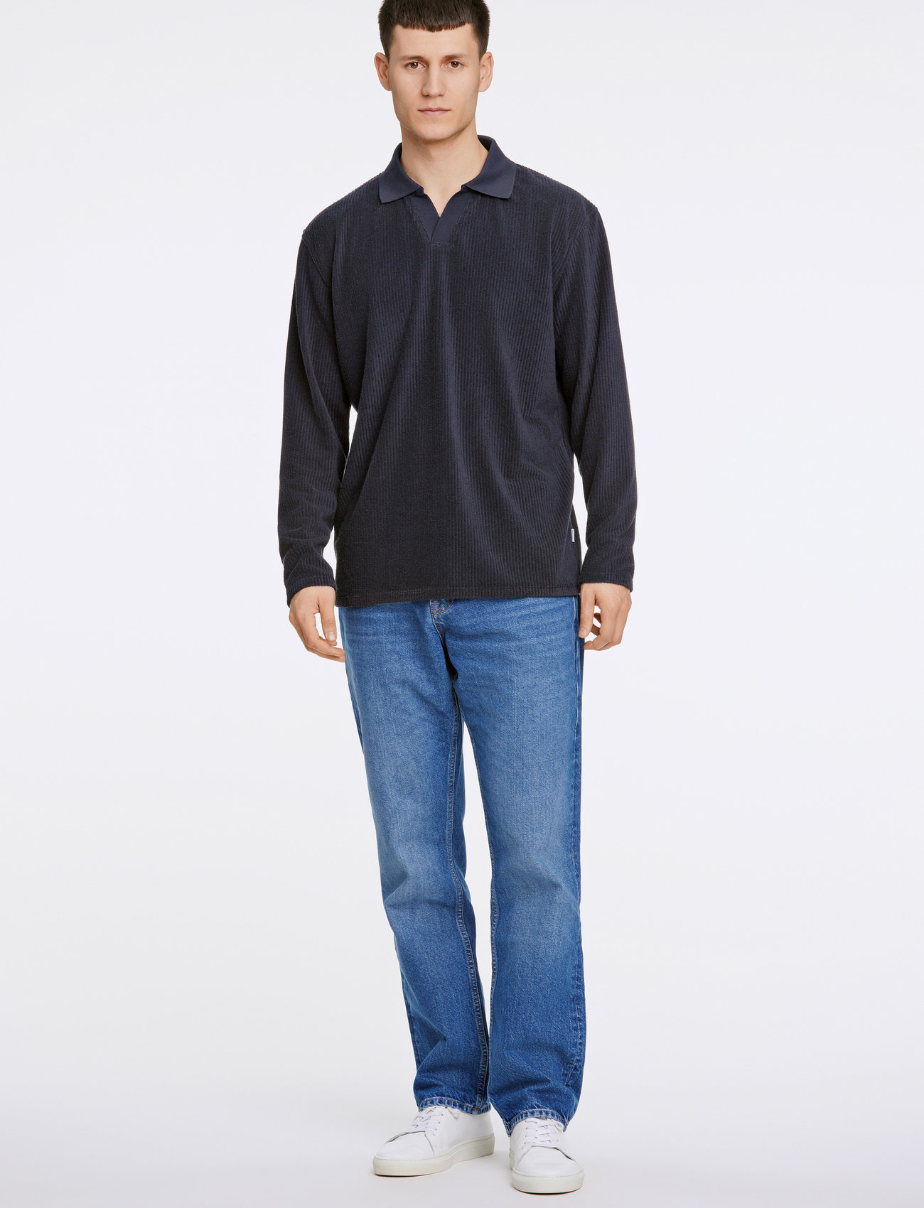 Lindbergh V-Neck Jacquard Polo L/S - Navy - S 2