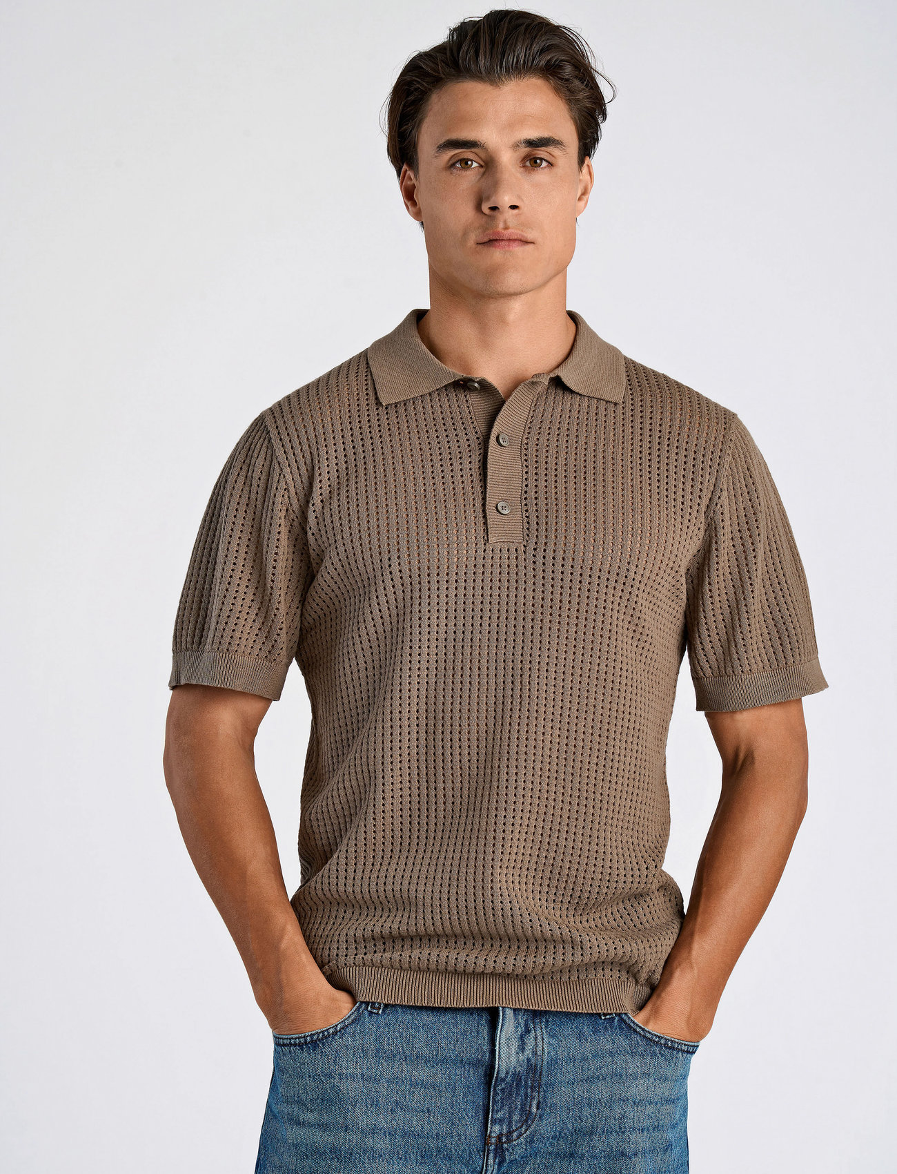 Lindbergh Crochet Knitted S/S V-Neck Polo - - S 1