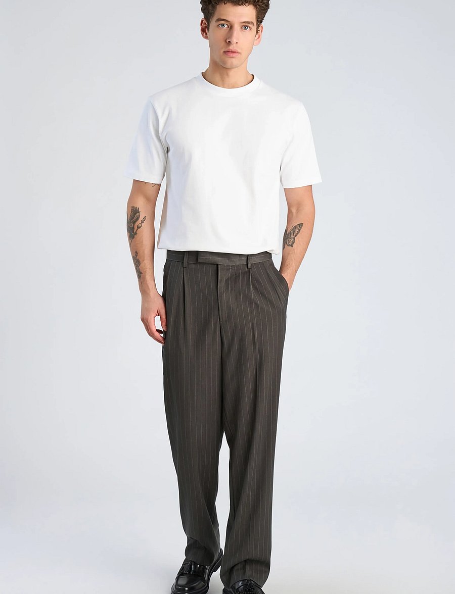Lindbergh - Striped pleated wide fit pants - suit trousers - dk grey mel - 0