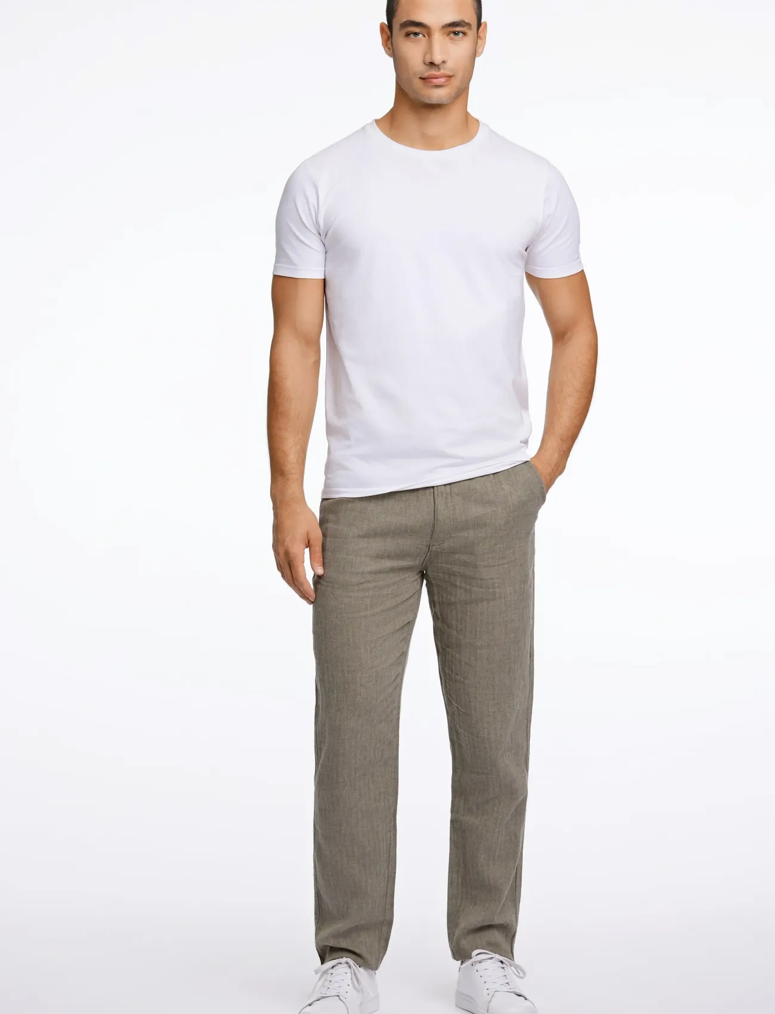 Lindbergh Linen Blend Herringbone Pants, Mænd, Hørblends Sildebens Snørebukser, Beige, Str: L