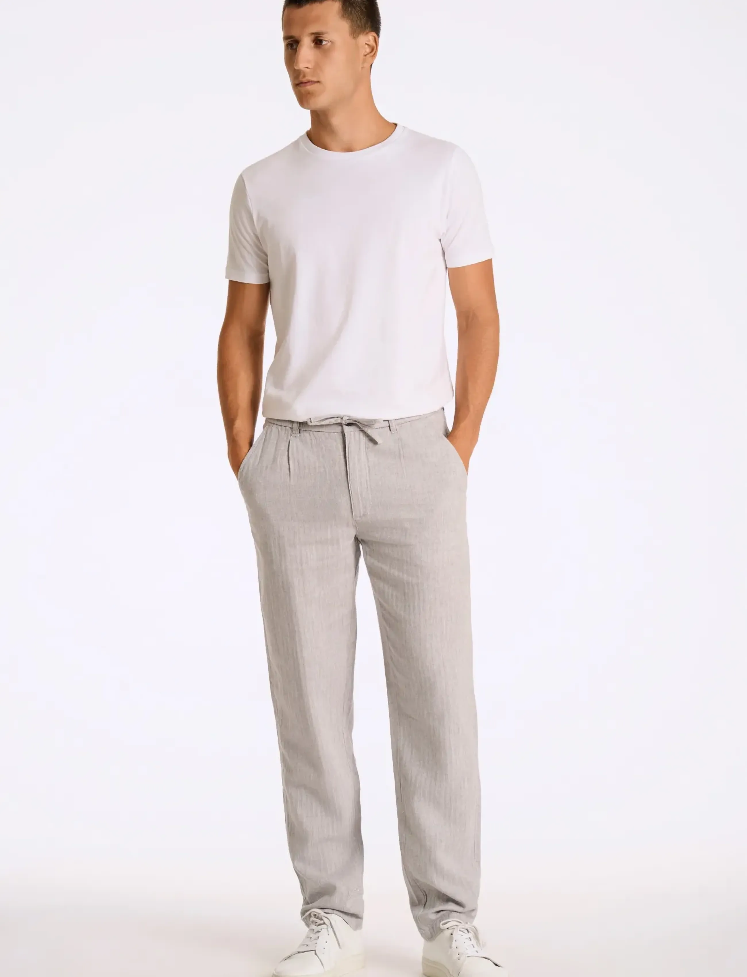 Lindbergh Linen Blend Herringbone Pants, Mænd, Hørblends Sildebens Snørebukser, Grå, Str: S