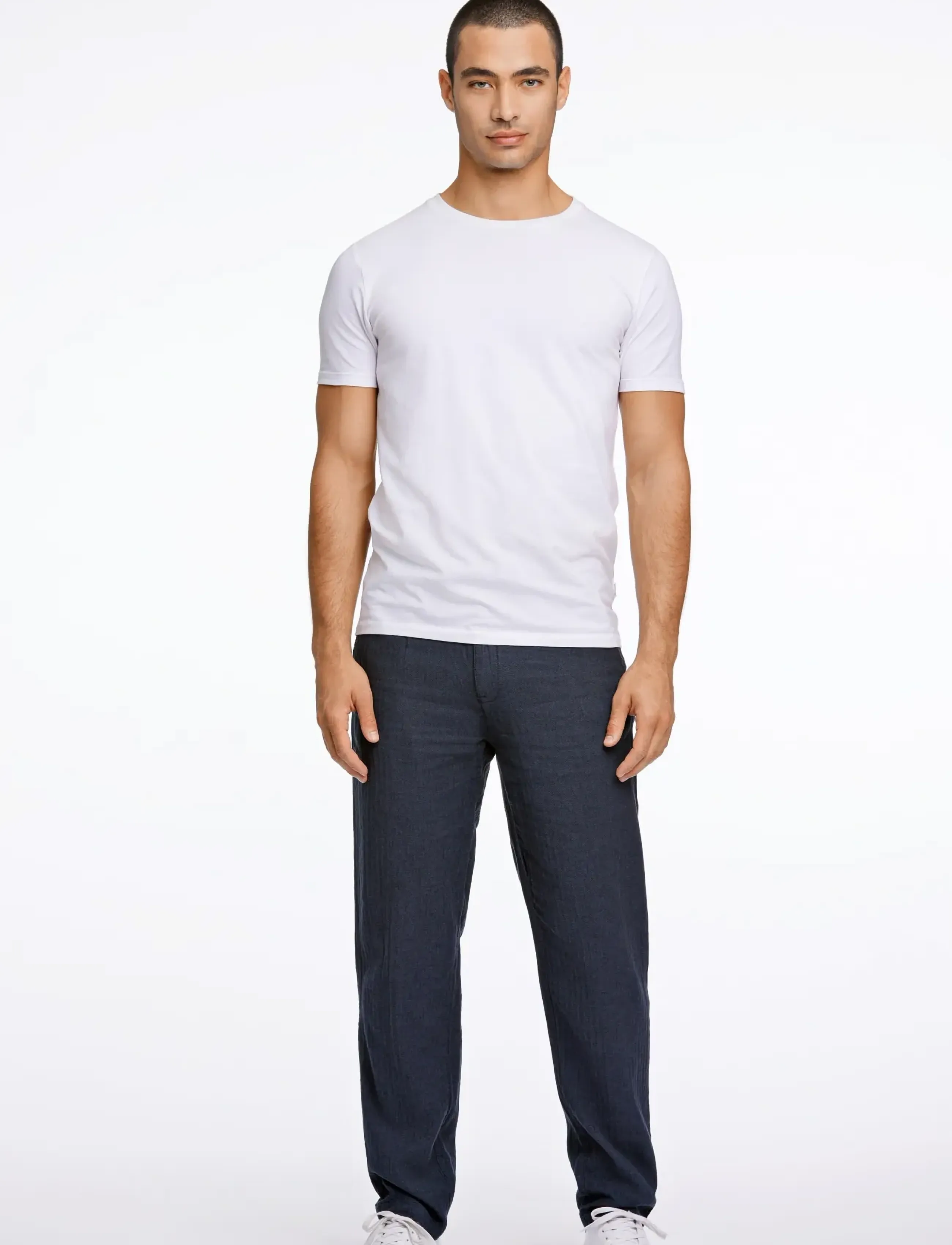 Lindbergh Linen Blend Herringbone Pants, Mænd, Hørblends Sildebens Snørebukser, Navy, Str: M
