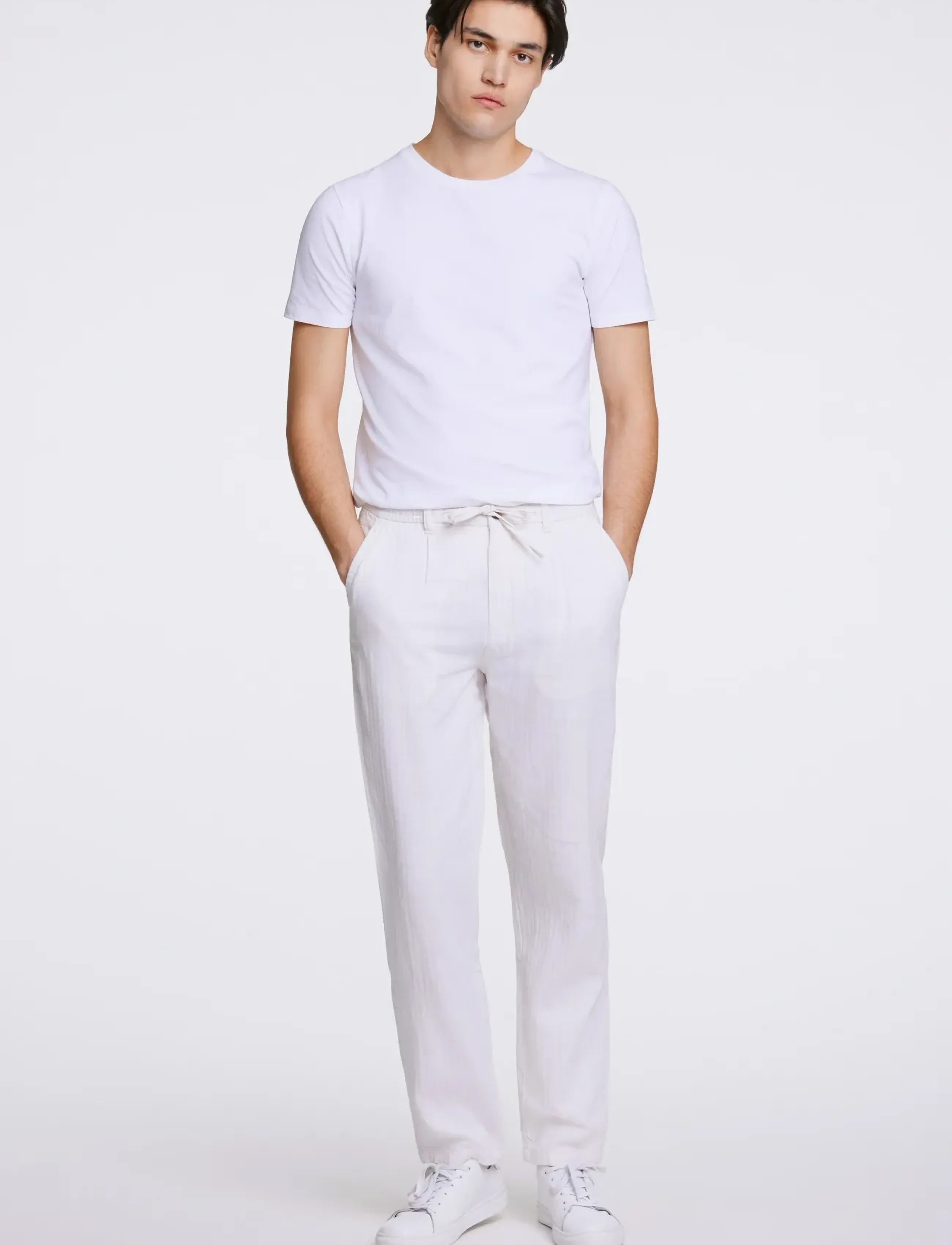 Lindbergh Linen Blend Herringbone Pants, Mænd, Hørblends Sildebens Snørebukser, Hvid, Str: XXL