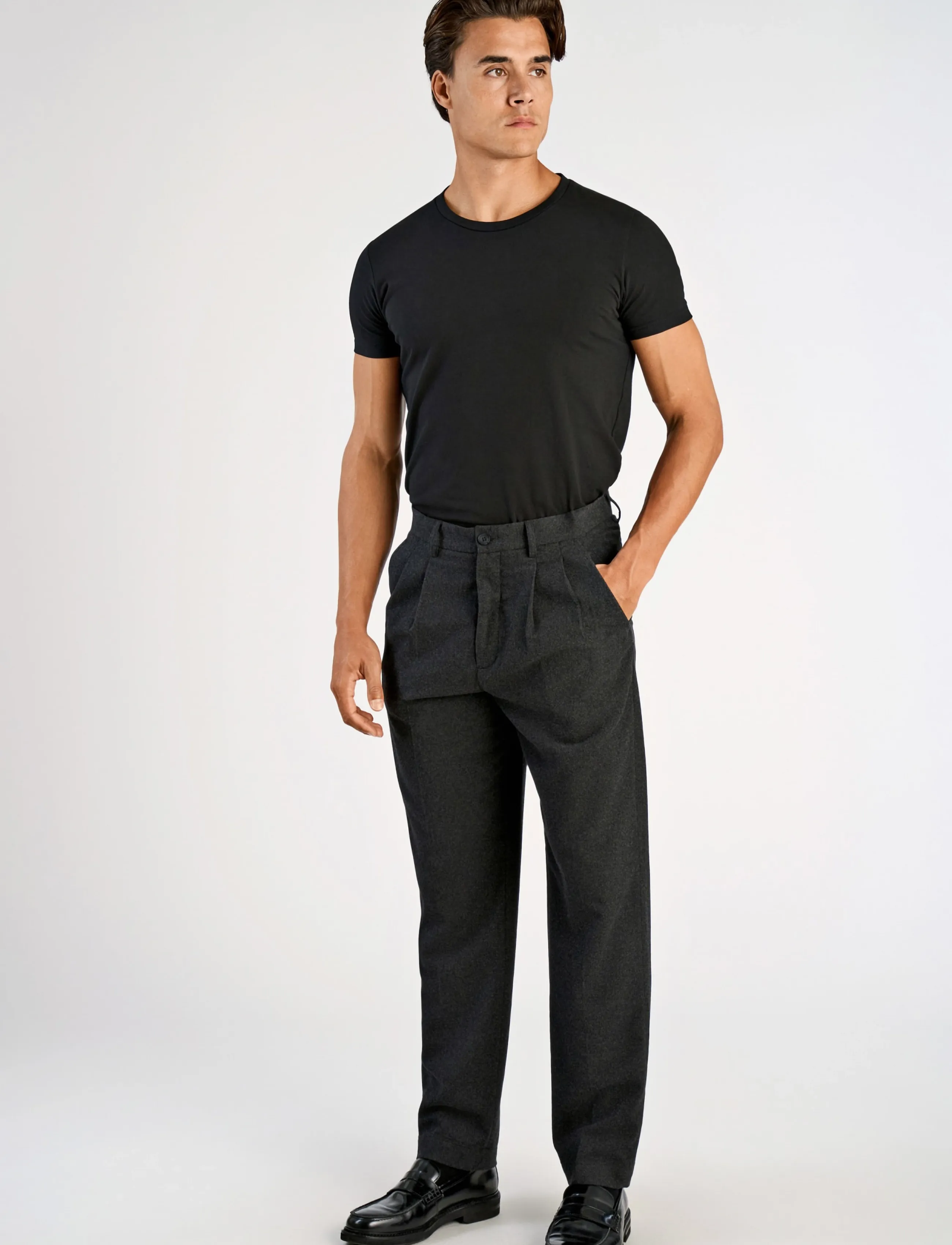 Lindbergh Flannel wool blend wide pants - Habitbukser - BLACK MEL / black