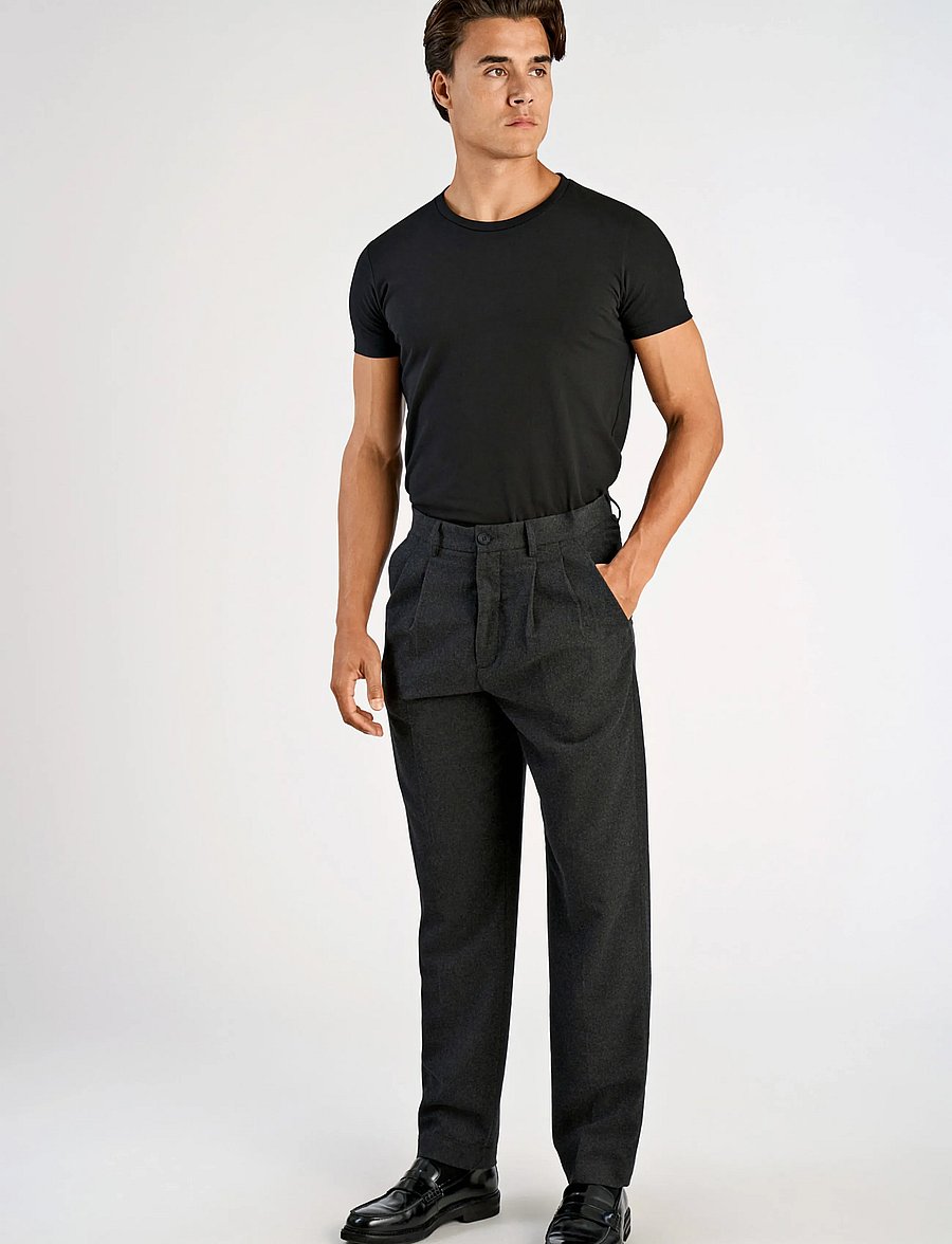 Lindbergh - Flannel wool blend wide pants - black mel - 0