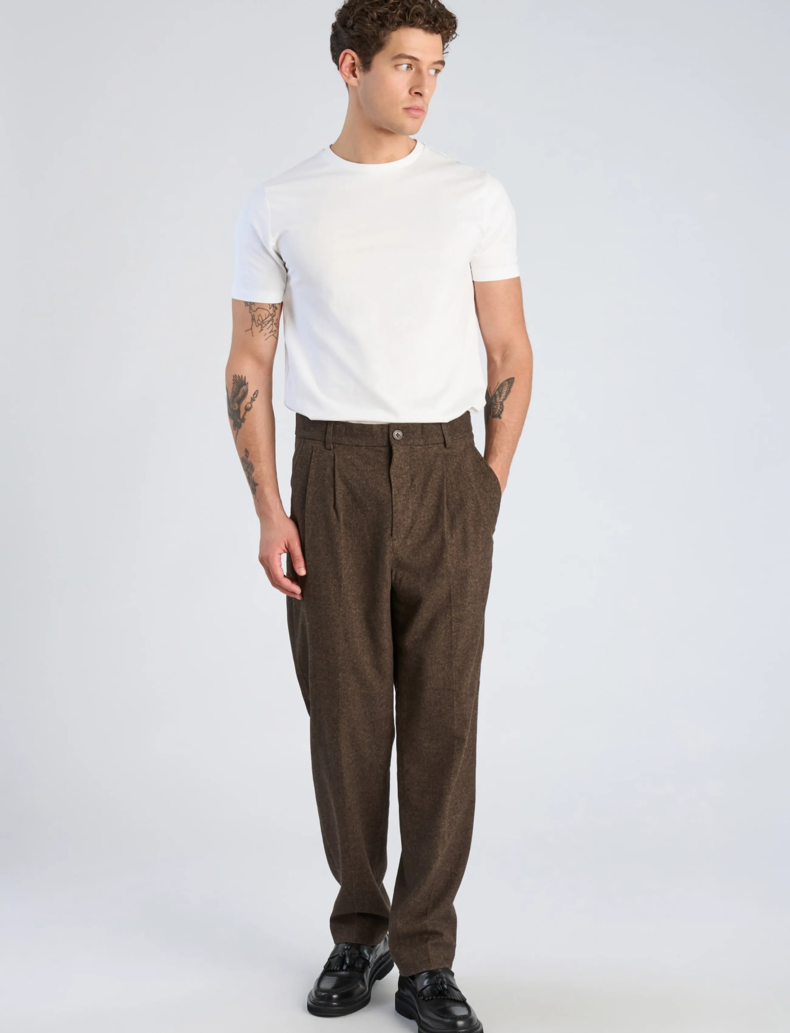Lindbergh Flannel wool blend wide pants - Habitbukser - BROWN MEL / brown