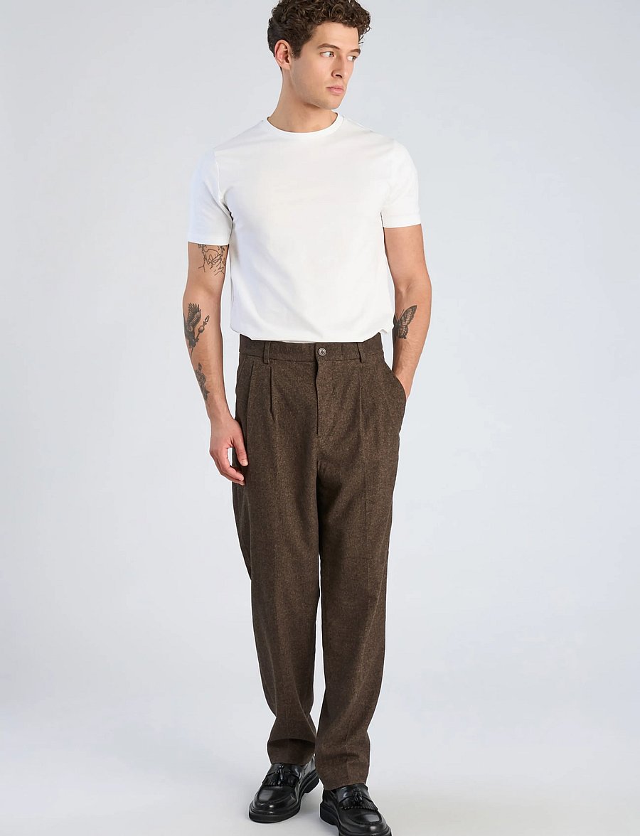 Lindbergh - Flannel wool blend wide pants - brown mel - 0