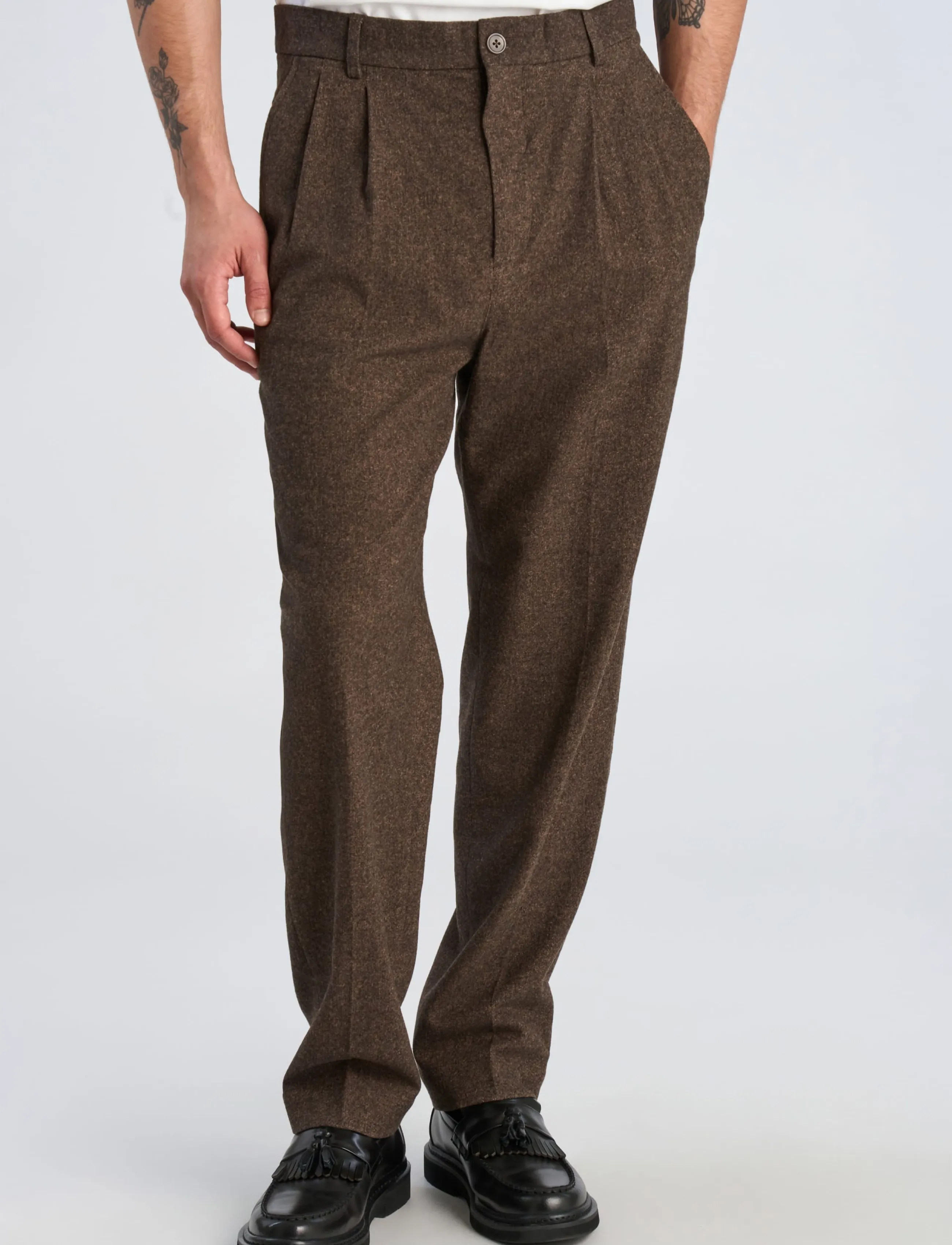 Lindbergh - Flannel wool blend wide pants - brown mel - 3
