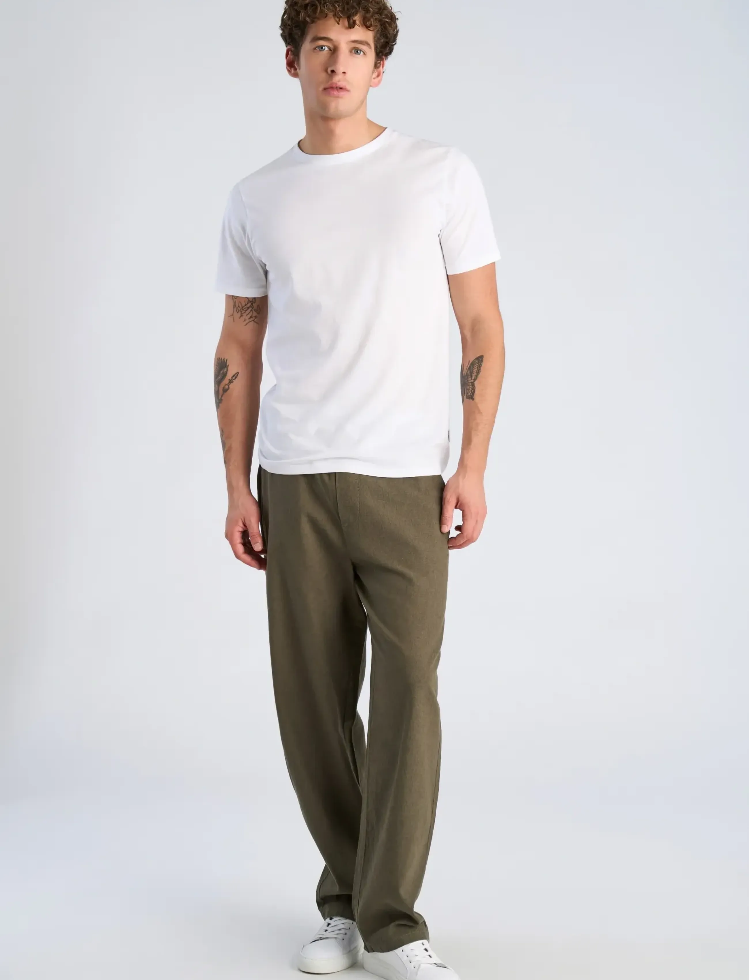 Lindbergh Linen Wide Fit Pants, Mænd, Vide Bukser Med Snøre, Kakigrøn, Str: XL