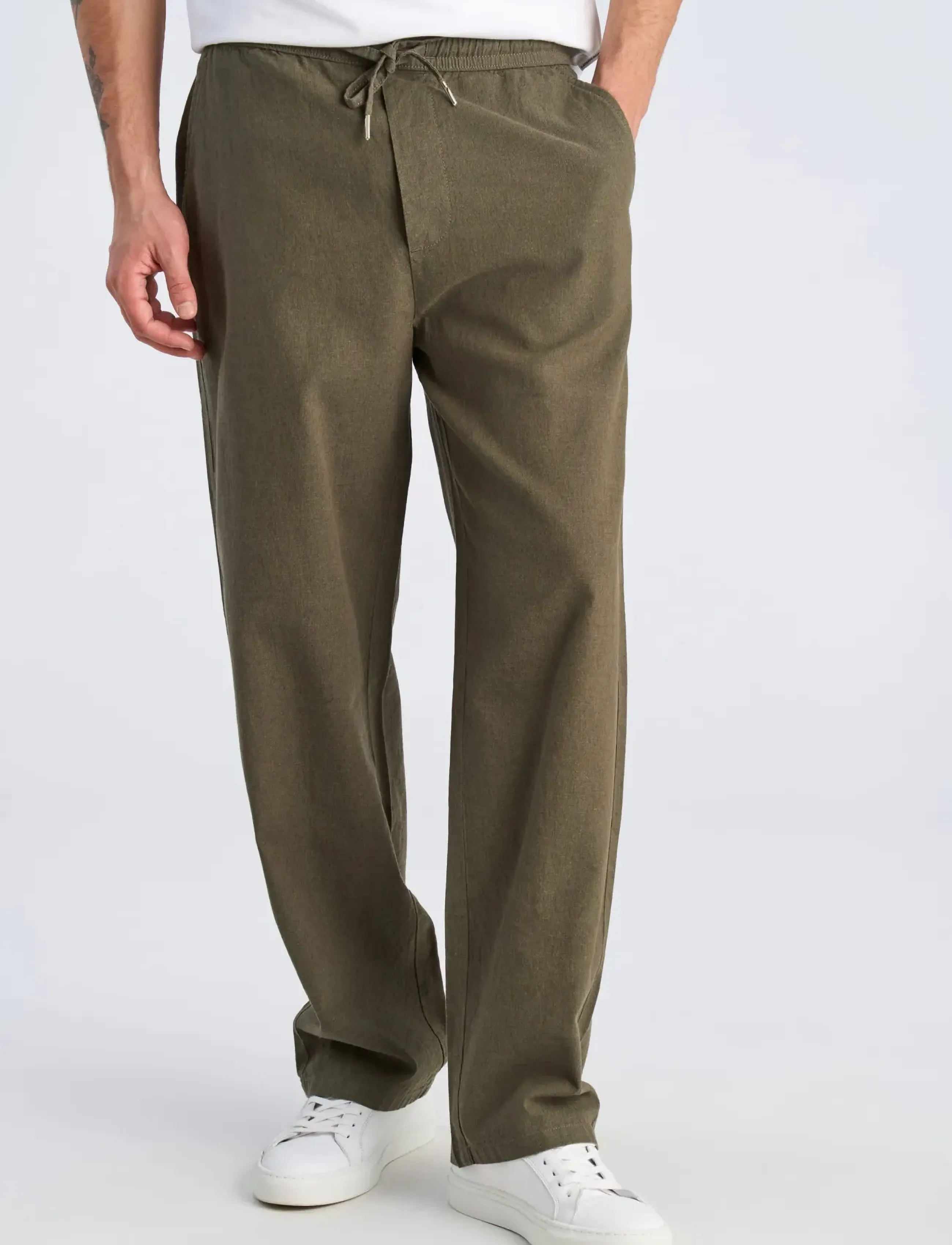 Lindbergh - Linen wide fit pants - hörbuxur - dk army - 3