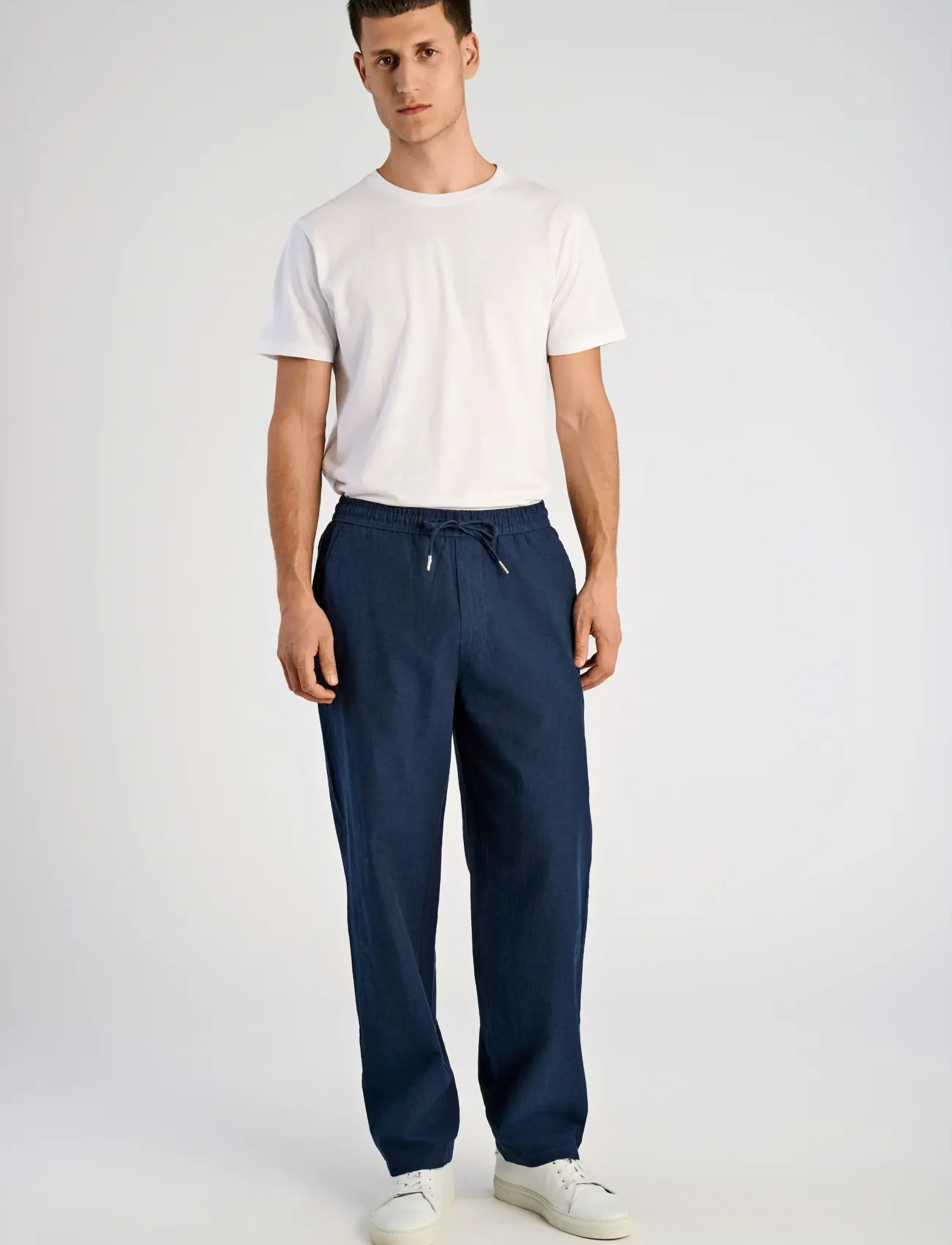 Lindbergh Linen Wide Fit Pants, Mænd, Vide Bukser Med Snøre, Navy, Str: S