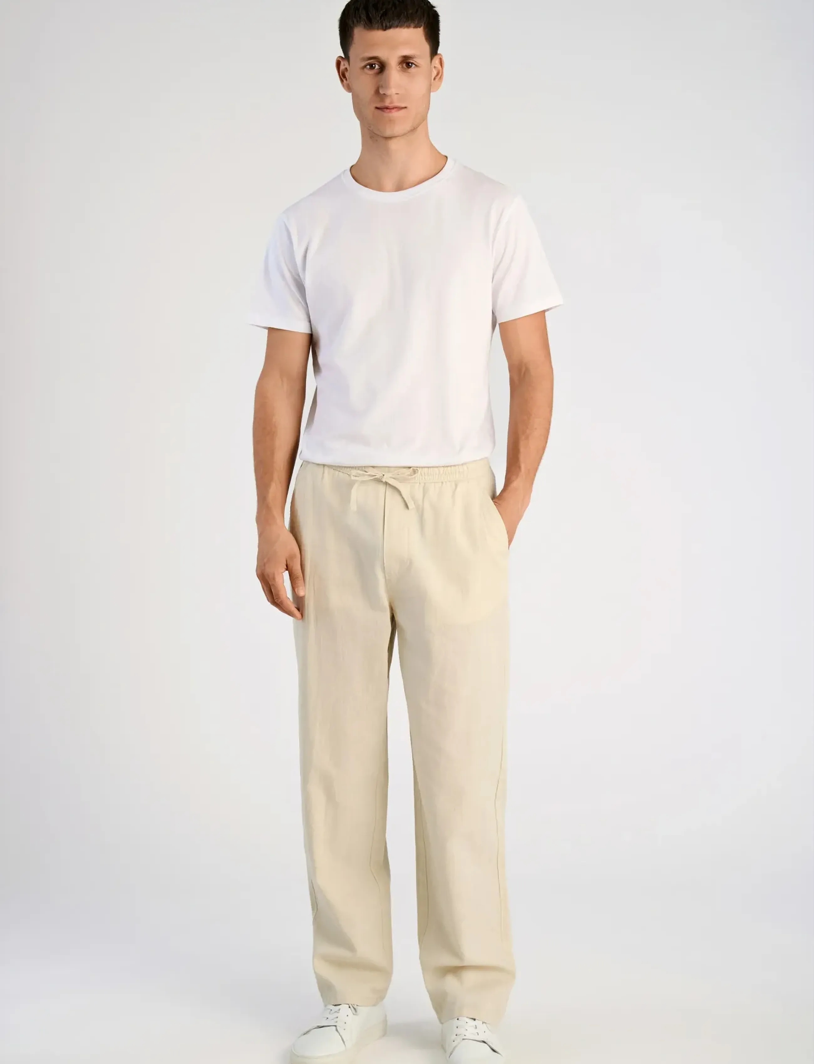 Lindbergh Linen Wide Fit Pants, Mænd, Vide Bukser Med Snøre, Cream, Str: M