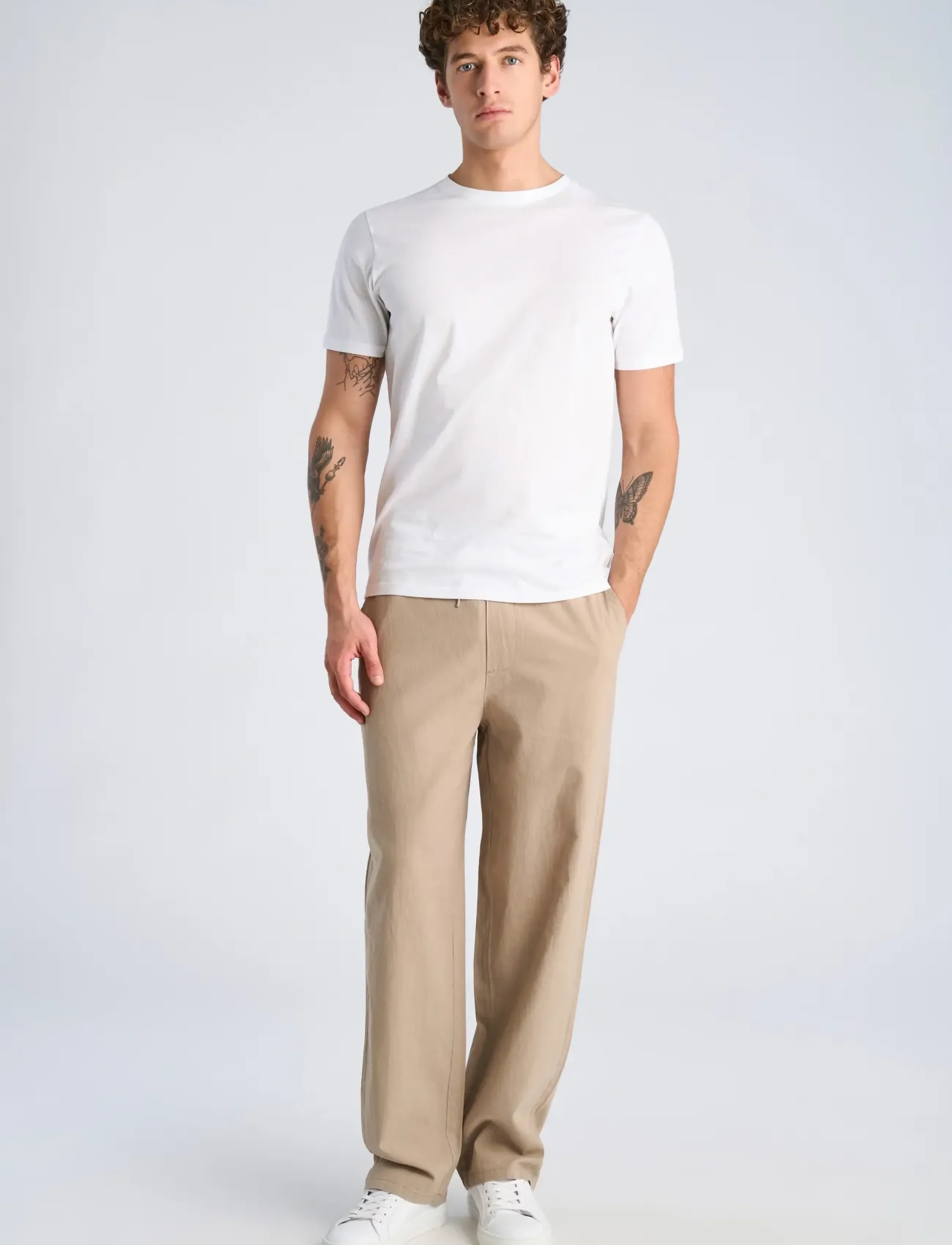 Lindbergh Linen Wide Fit Pants, Mænd, Vide Bukser Med Snøre, Beige, Str: XL