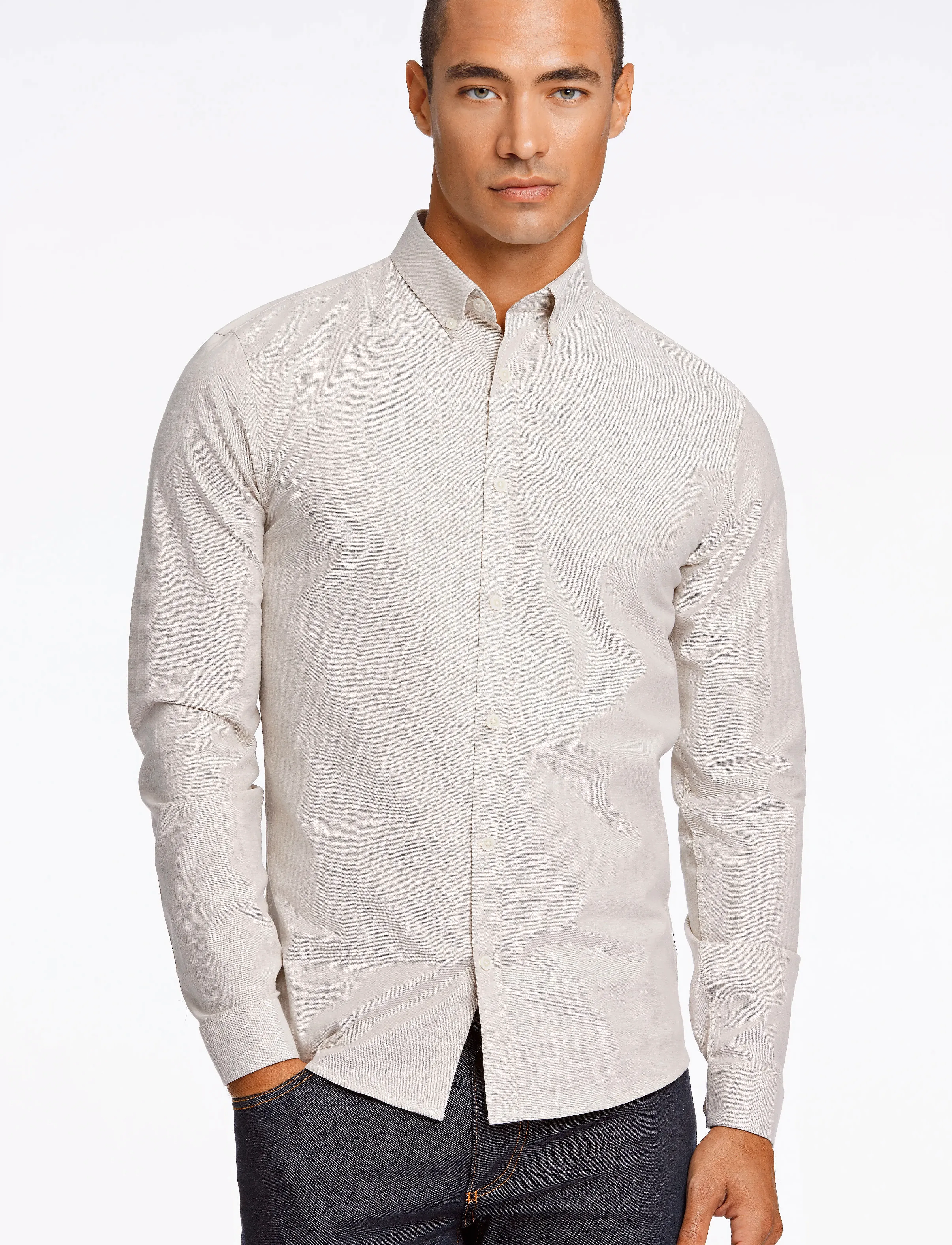 Lindbergh Yarn dyed oxford superflex shirt L/S - Lindbergh - LT SAND MIX / cream