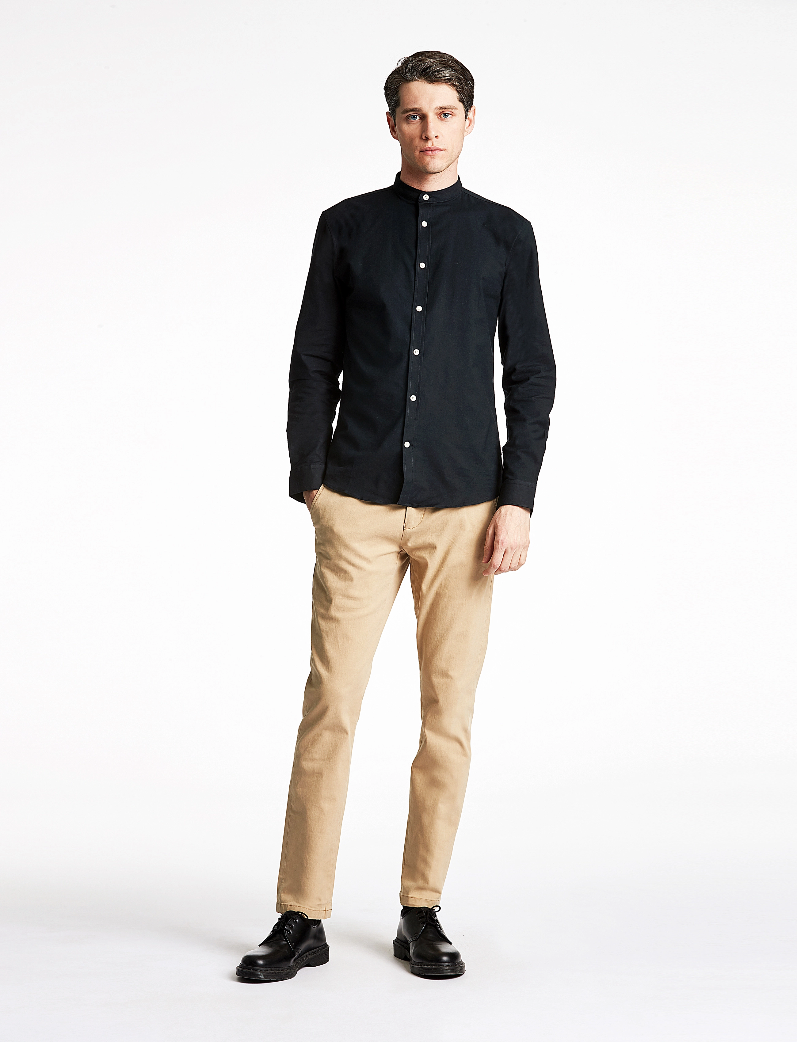 Lindbergh Yarn Dyed Oxford Superflex Shirt L/S, Mænd, Bandkrave Skjorte, Sort, Str: XL