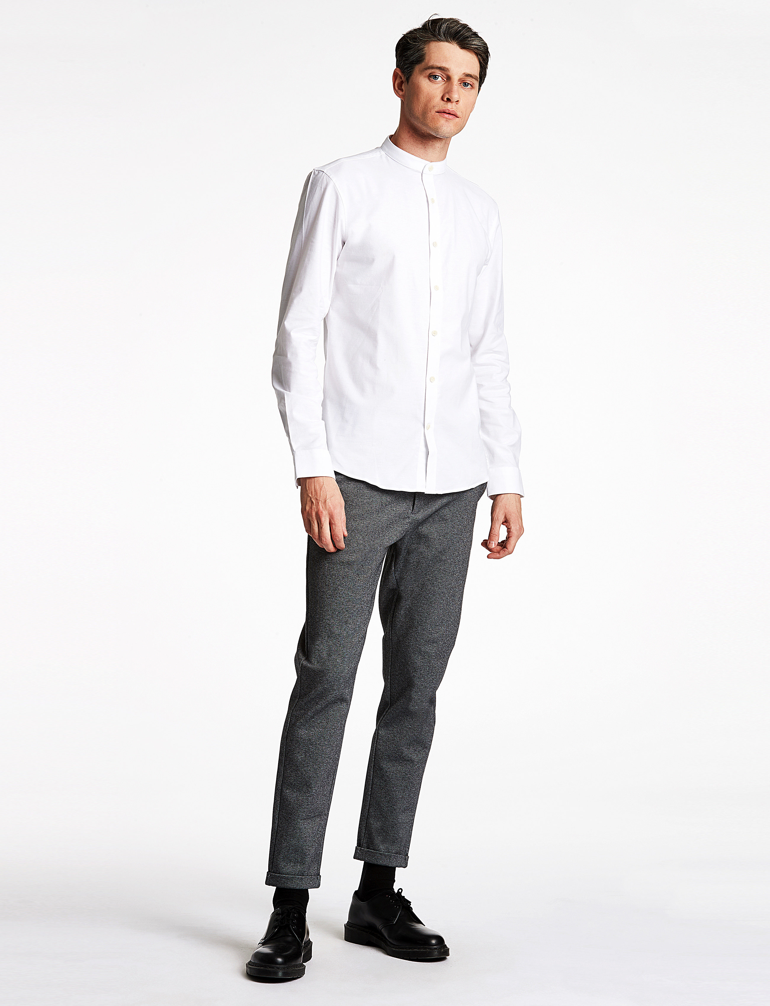 Lindbergh Yarn Dyed Oxford Superflex Shirt L/S, Mænd, Bandkrave Skjorte, Hvid, Str: L