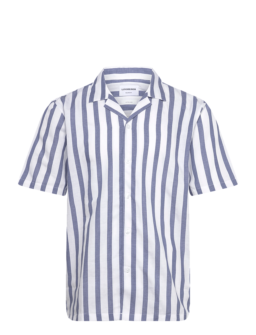 Lindbergh - Cot/lin striped resort S/S - kortærmede skjorter - dusty blue - 1