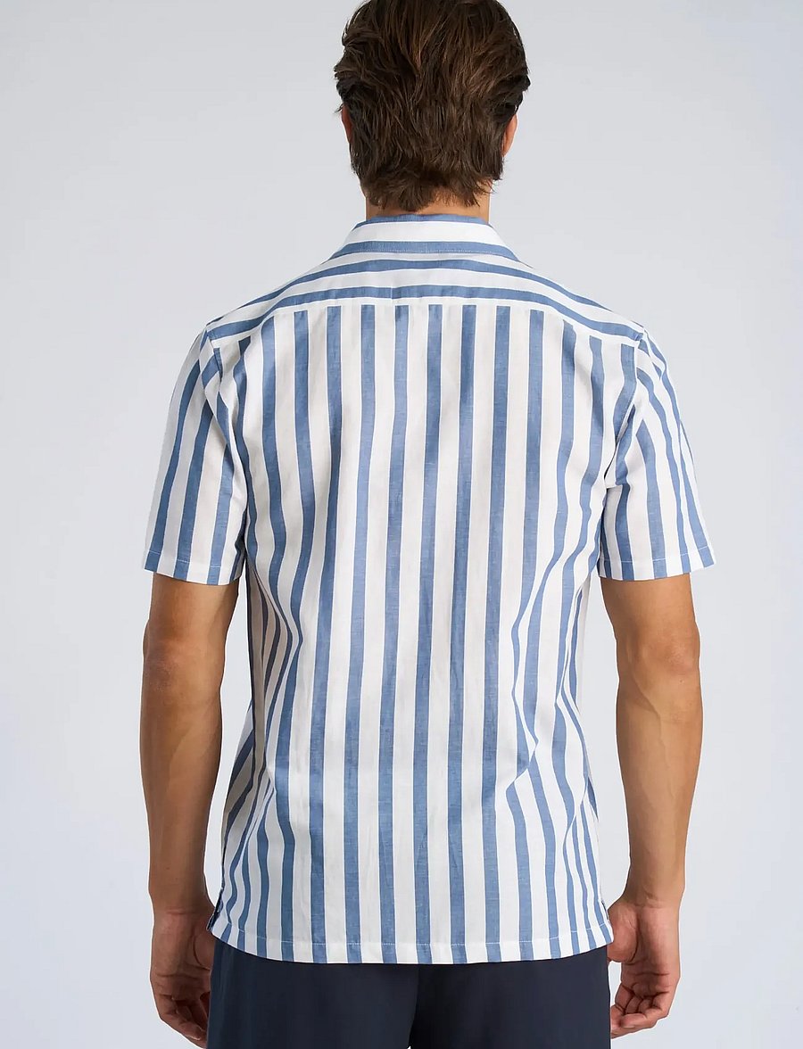 Lindbergh - Cot/lin striped resort S/S - kortærmede skjorter - dusty blue - 4