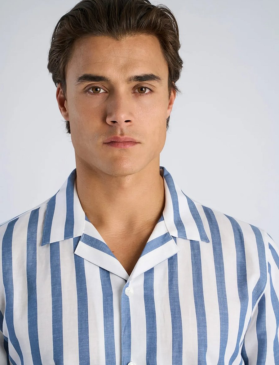 Lindbergh - Cot/lin striped resort S/S - kortærmede skjorter - dusty blue - 5