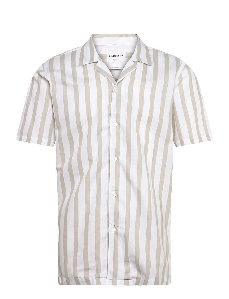 Lindbergh - Cot/lin striped resort S/S - kortærmede skjorter - stone - 1