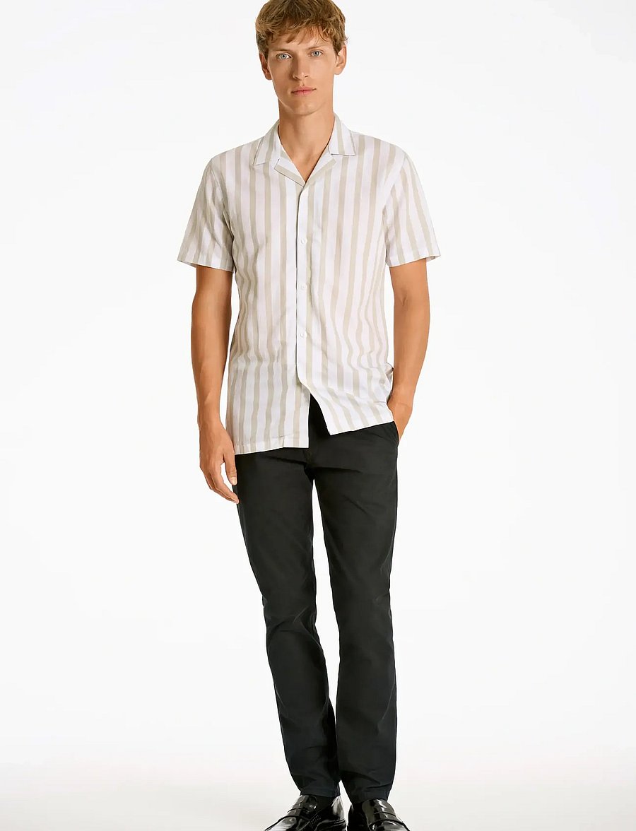 Lindbergh - Cot/lin striped resort S/S - kortærmede skjorter - stone - 0