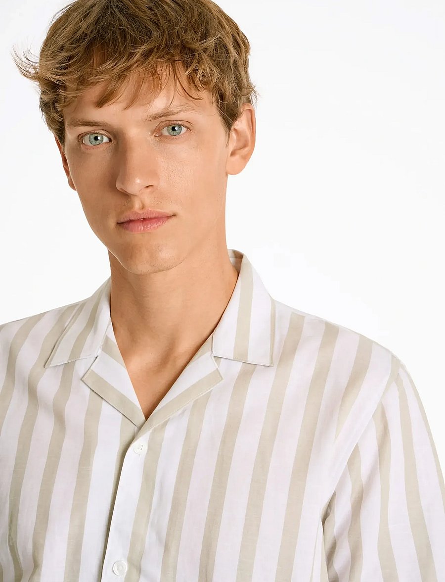 Lindbergh - Cot/lin striped resort S/S - kortærmede skjorter - stone - 5