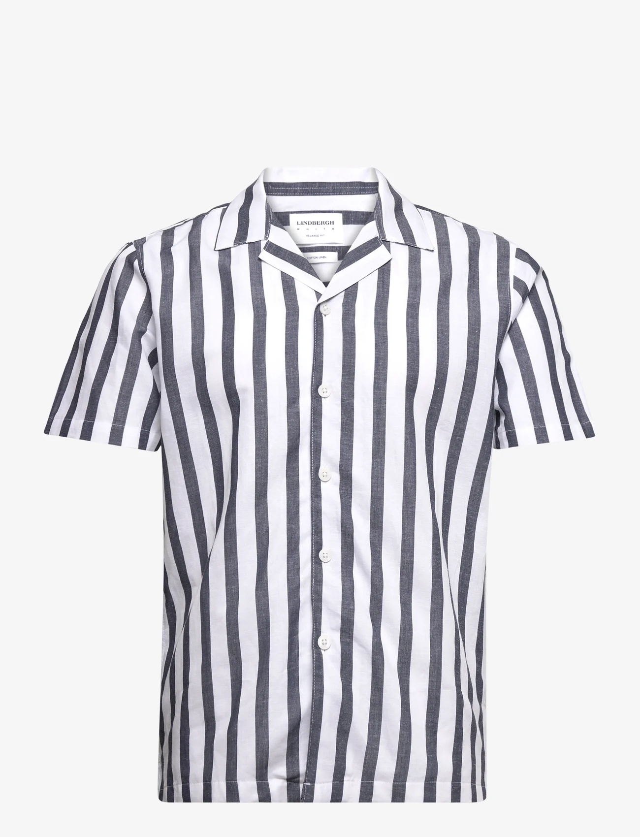 Lindbergh - Cot/lin striped resort S/S - kortärmade skjortor - navy - 0
