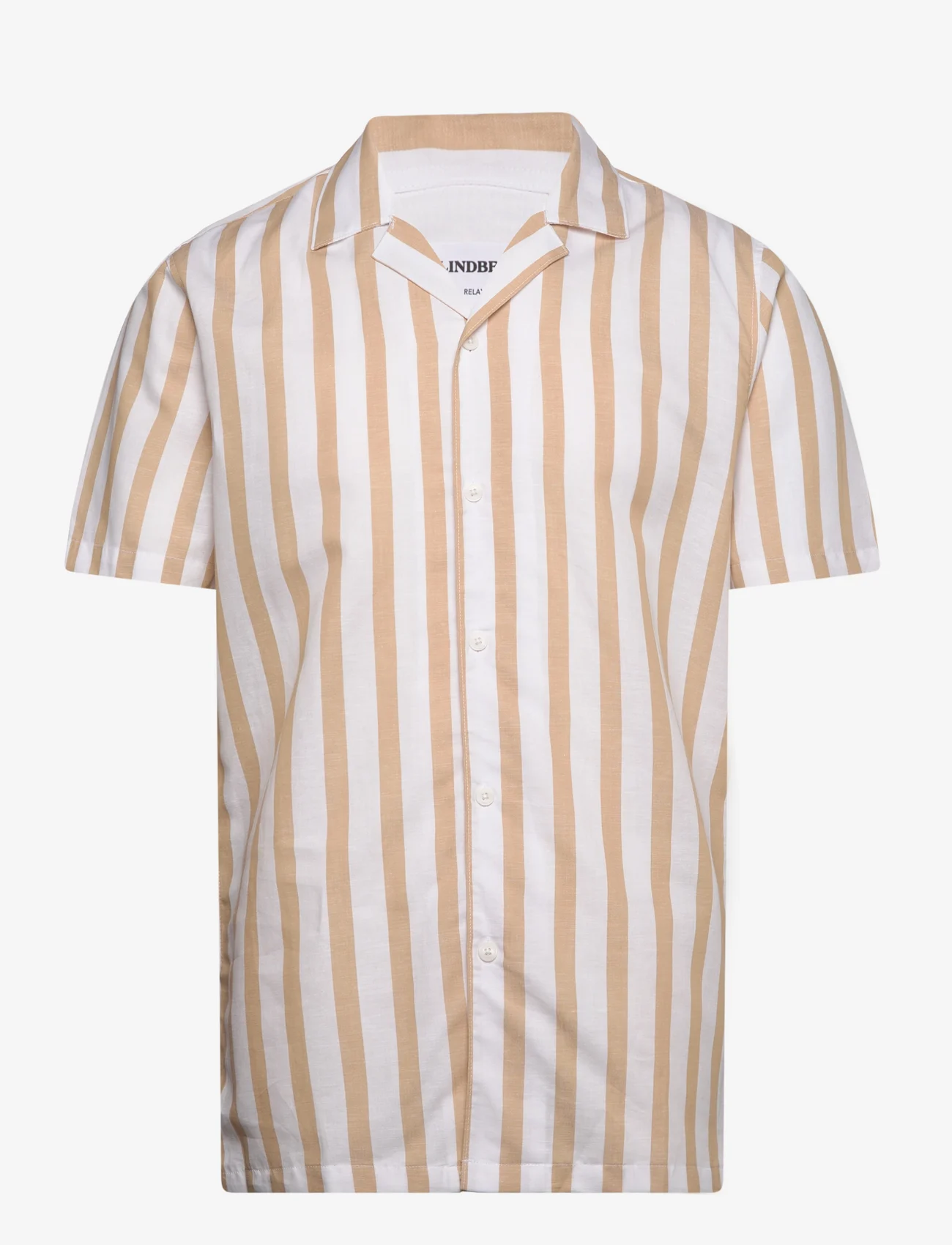 Lindbergh - Cot/lin striped resort S/S - kortärmade skjortor - sand - 0