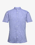 Mandarin linen blend shirt S/S - DK BLUE