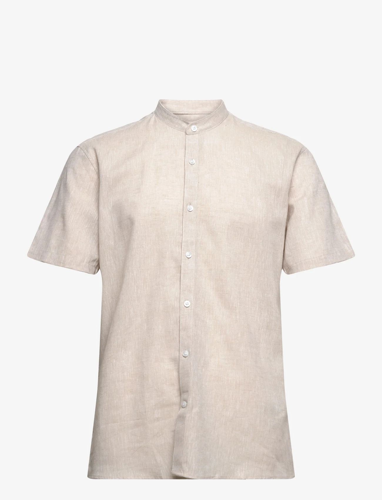 Lindbergh - Mandarin linen blend shirt S/S - linen shirts - stone - 0