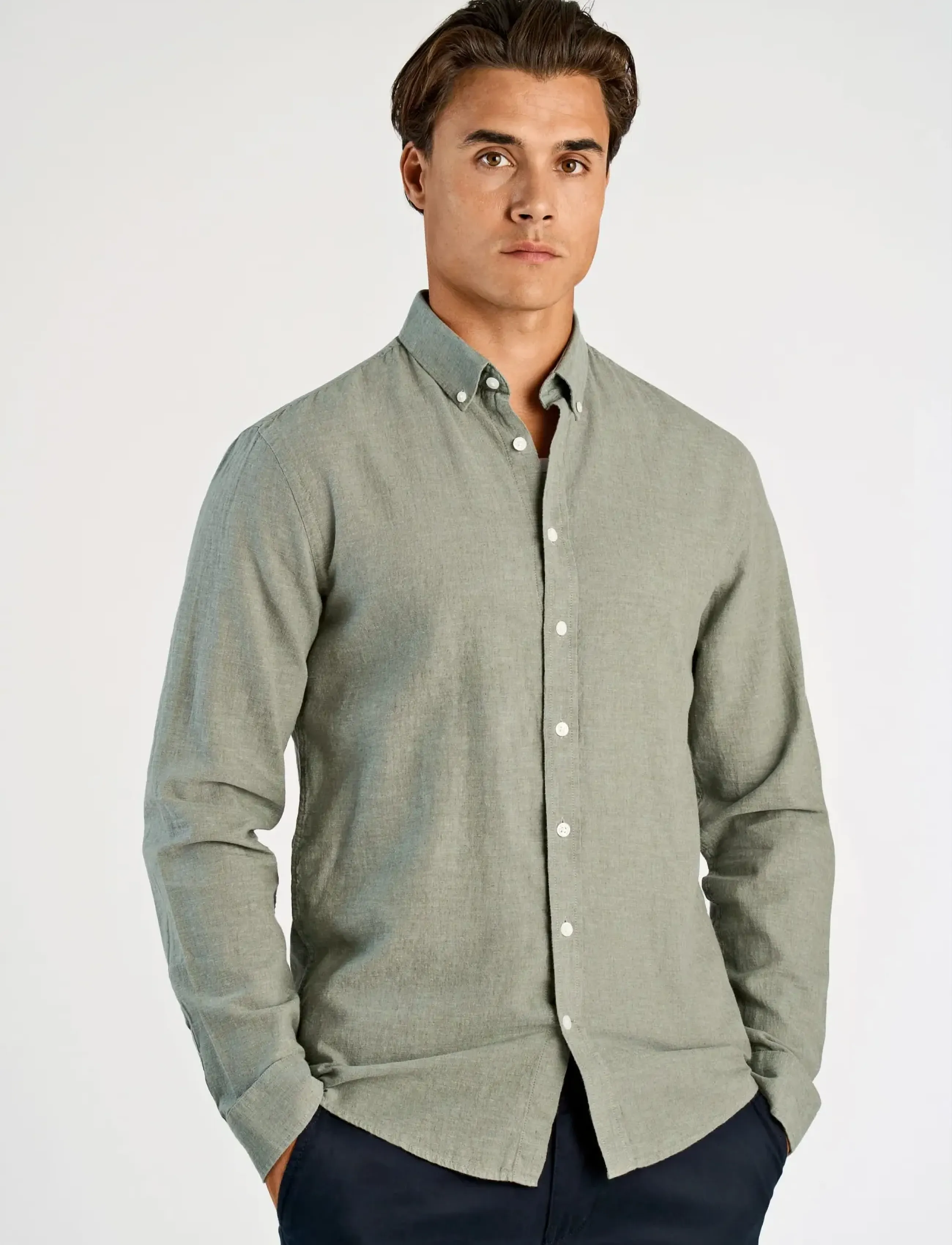 Lindbergh - Linen/cotton shirt L/S - oxford skjorter - faded green - 3
