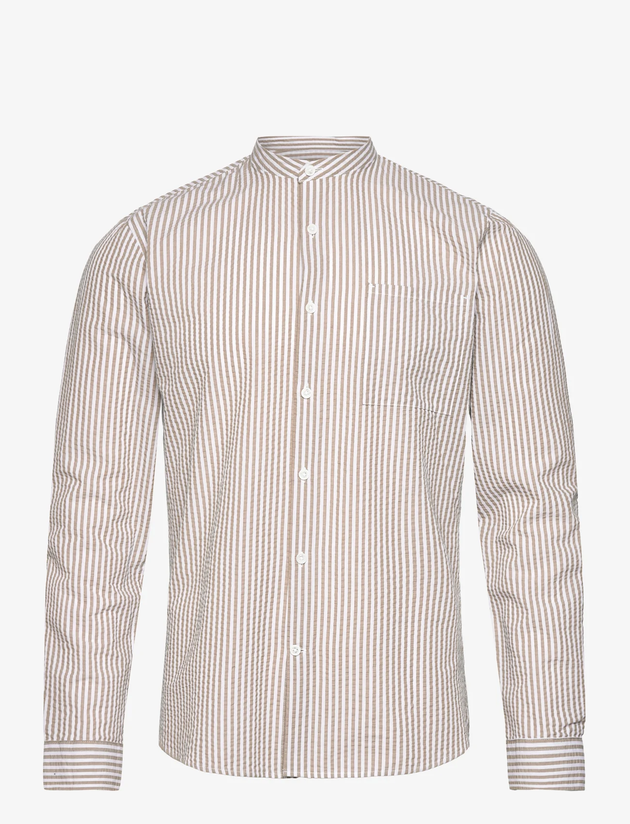Lindbergh - Seersucker manderin shirt L/S - avslappede skjorter - sand - 0